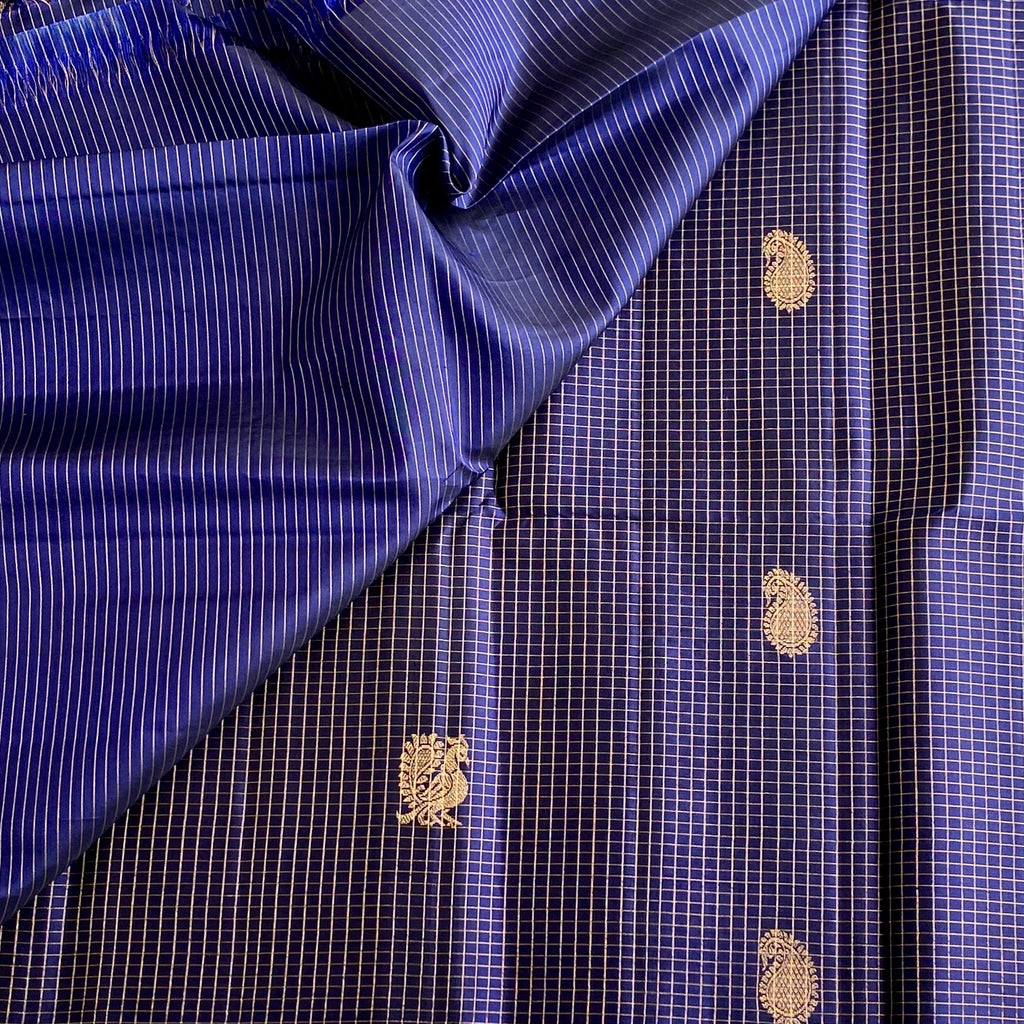 Midnight Navy Designer Micro Checkered Pure Silk Saree With Metallic Gold Motifs