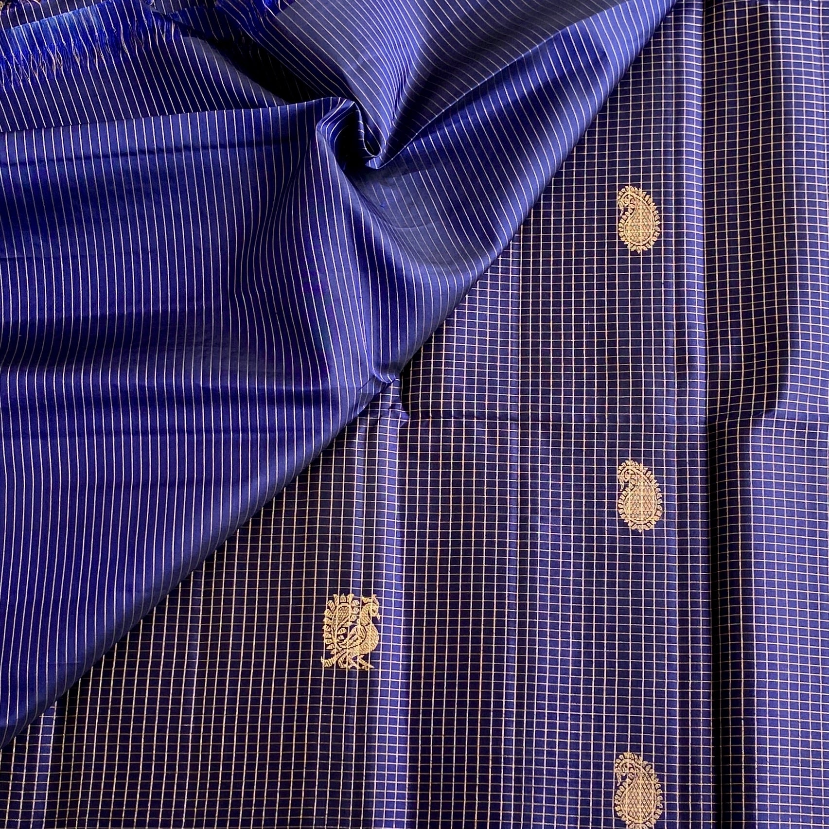 Midnight Navy Designer Micro Checkered Pure Silk Saree With Metallic Gold Motifs