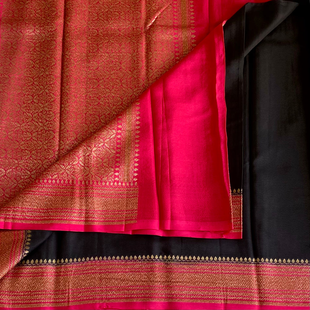 Jet Black Banarasi Crepe Silk Saree With Rani Pink Pallu