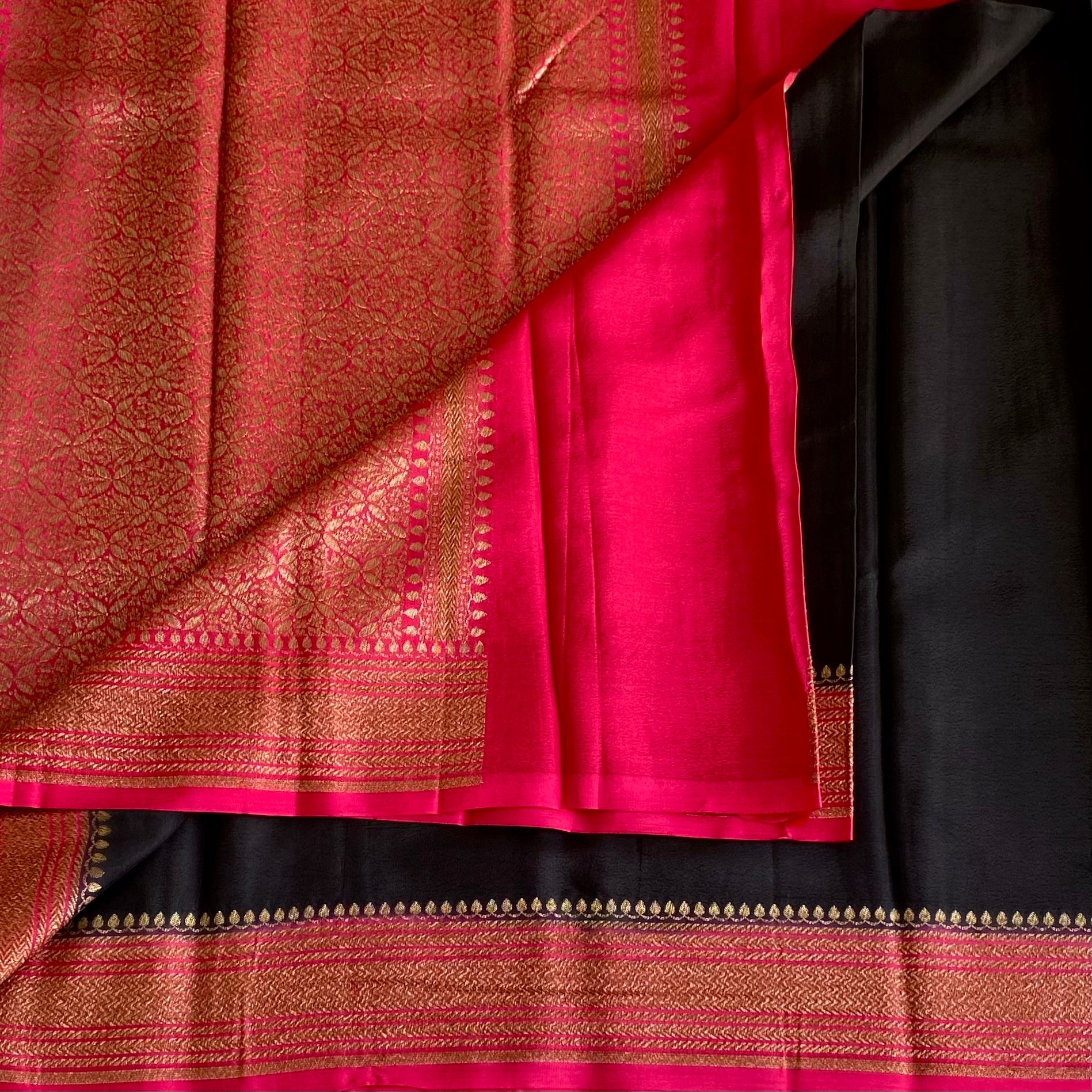 Jet Black Banarasi Crepe Silk Saree With Rani Pink Pallu