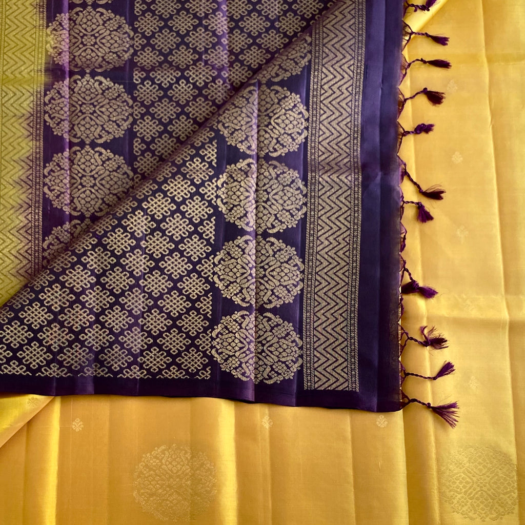 Pastel Golden Yellow Designer Pure Silk Saree With Deep Plum Purple Pallu