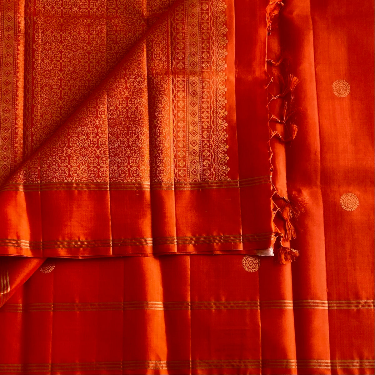 Vermilion Orange Designer Pure Silk Saree With Gold Brocade Pallu