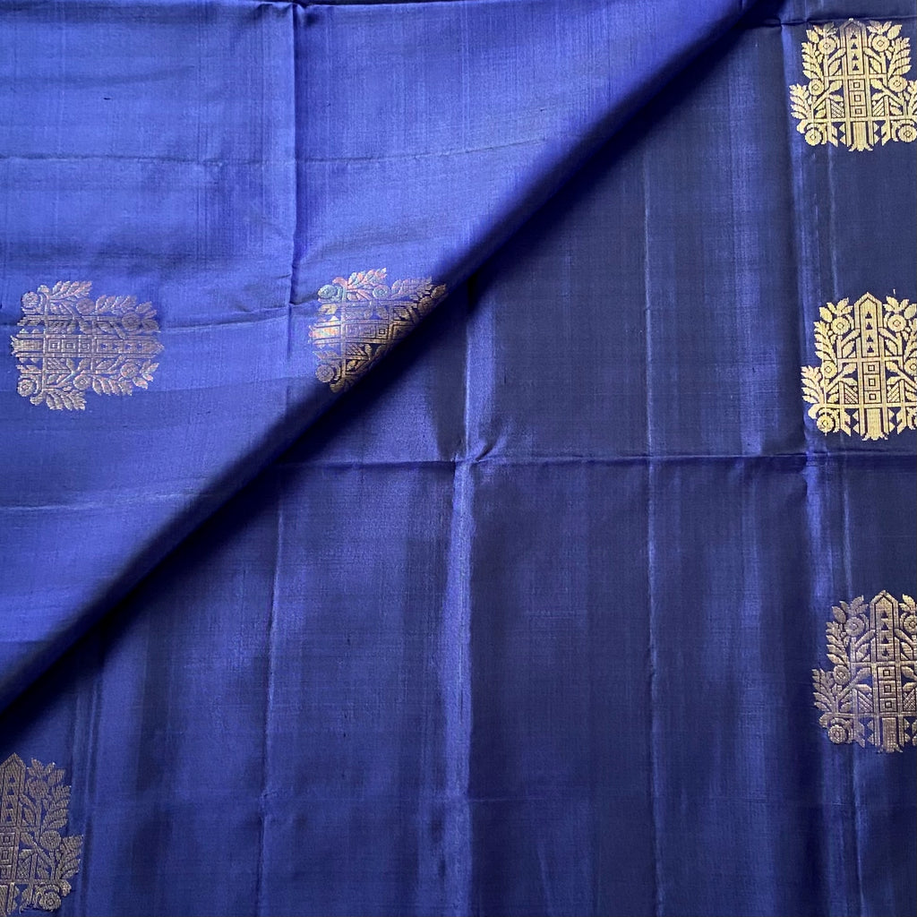 Indigo Silk Saree Gold Brocade Geometric Motif Wedding Festive Wear