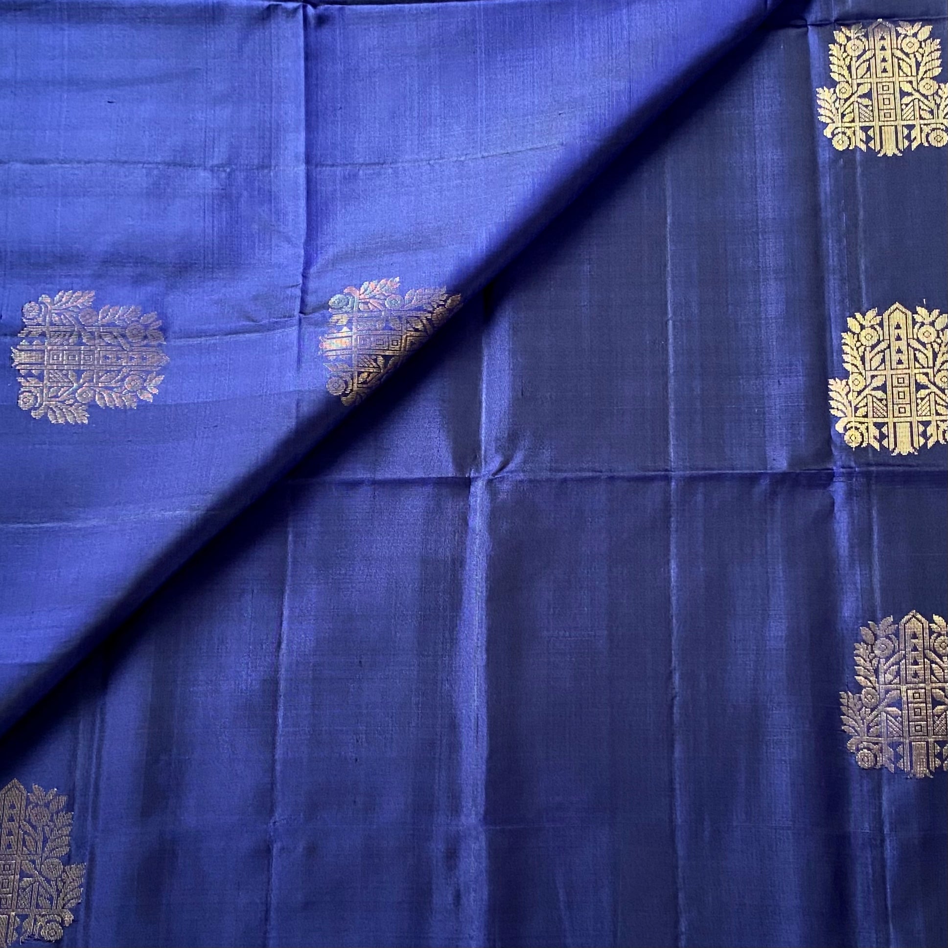 Indigo Silk Saree Gold Brocade Geometric Motif Wedding Festive Wear