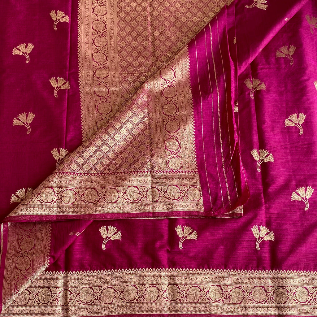 Magenta Pink Soft Tussar Silk Saree With Antique Gold Border
