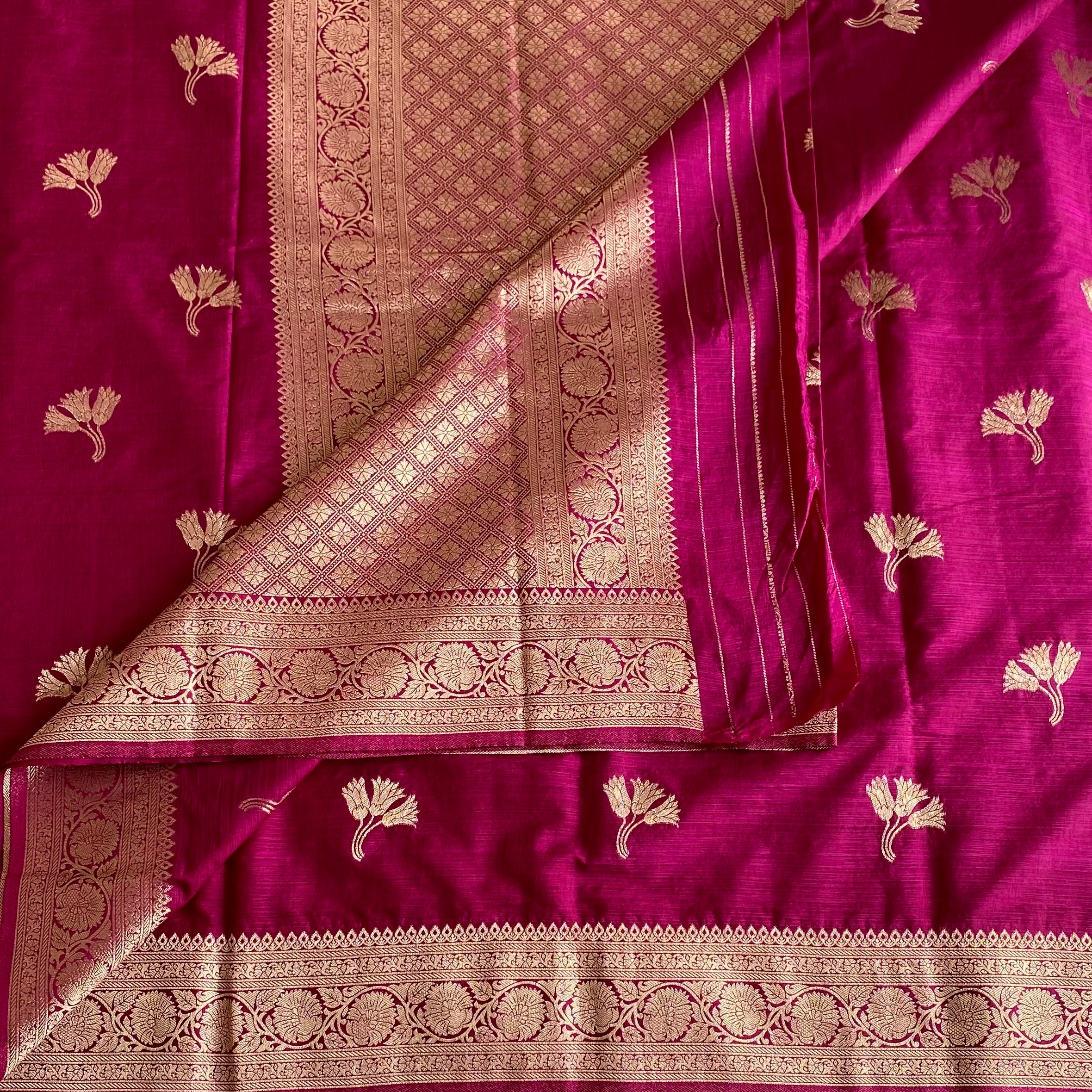 Magenta Pink Soft Tussar Silk Saree With Antique Gold Border