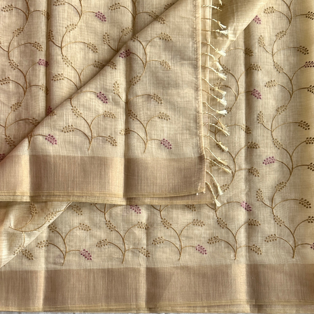 Ivory Beige Vine Embroidered Saree with Gold Zari and Mauve Accents