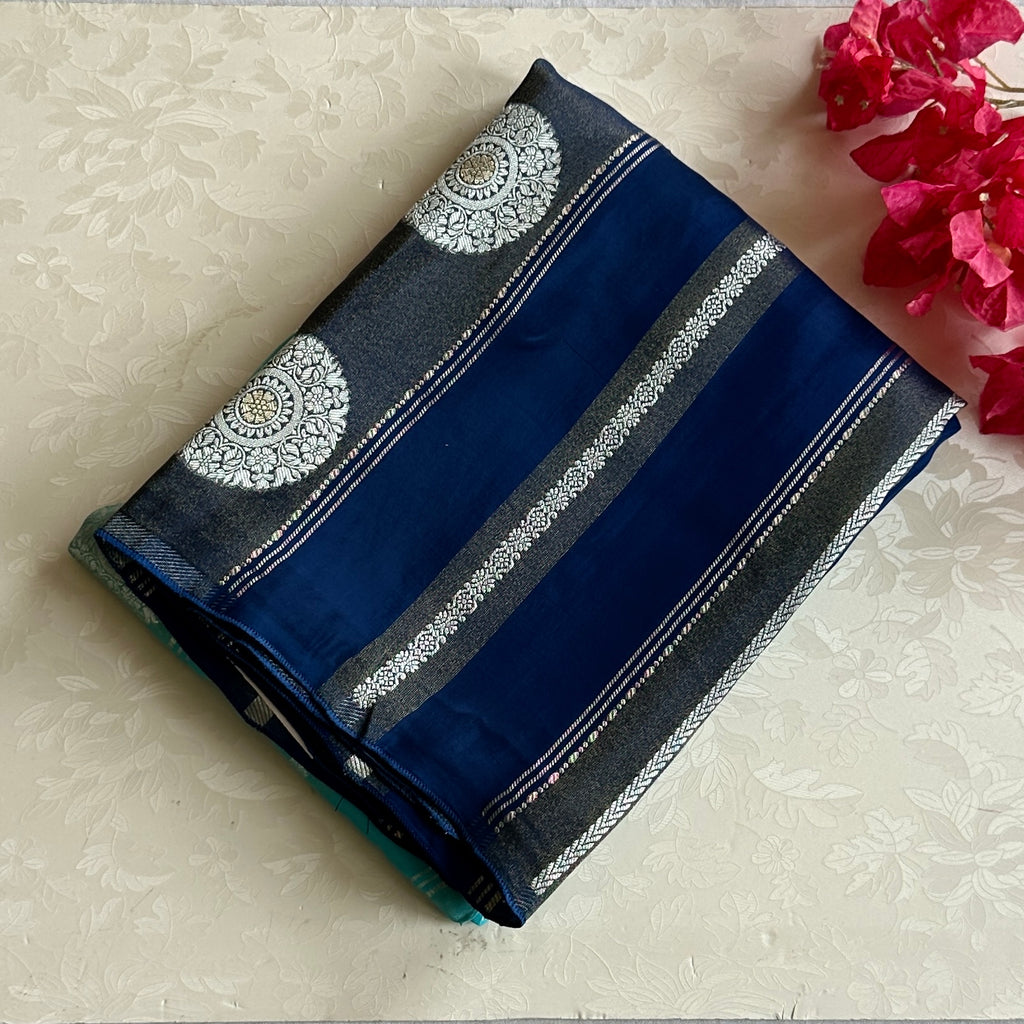 Ombre Sea blue with royal blue  soft satin crepe with zari woven work