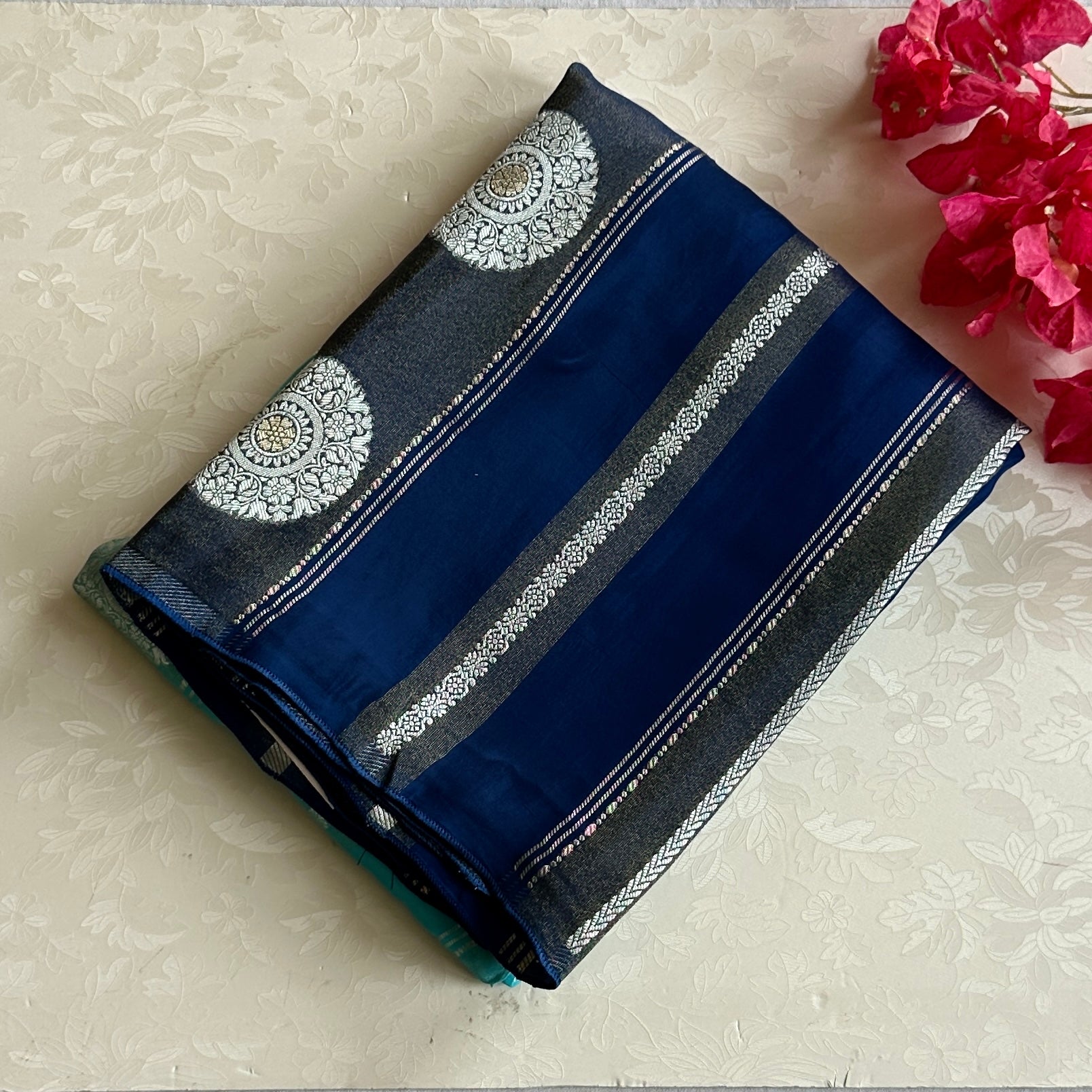 Ombre Sea blue with royal blue  soft satin crepe with zari woven work