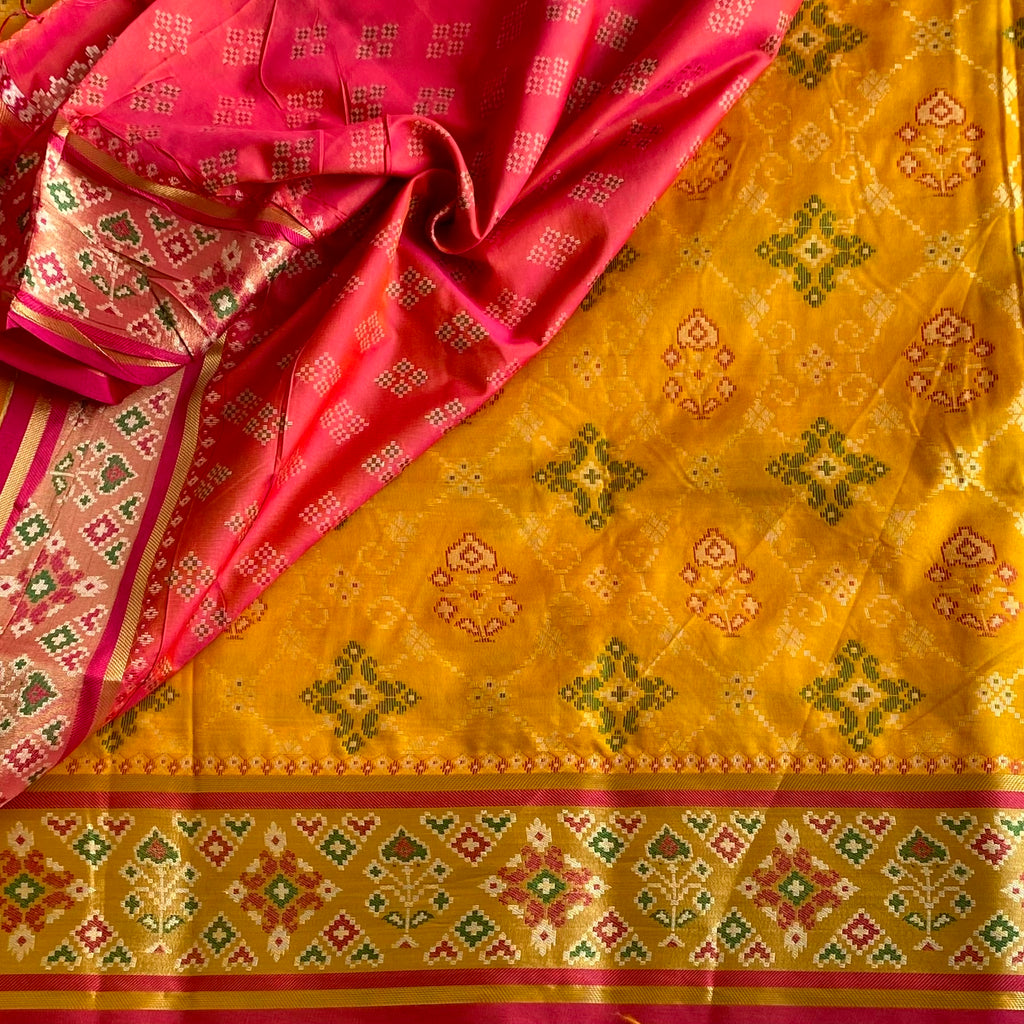 Mustard Yellow Soft Tussar Silk Saree With Rani Pink Diamond Pallu