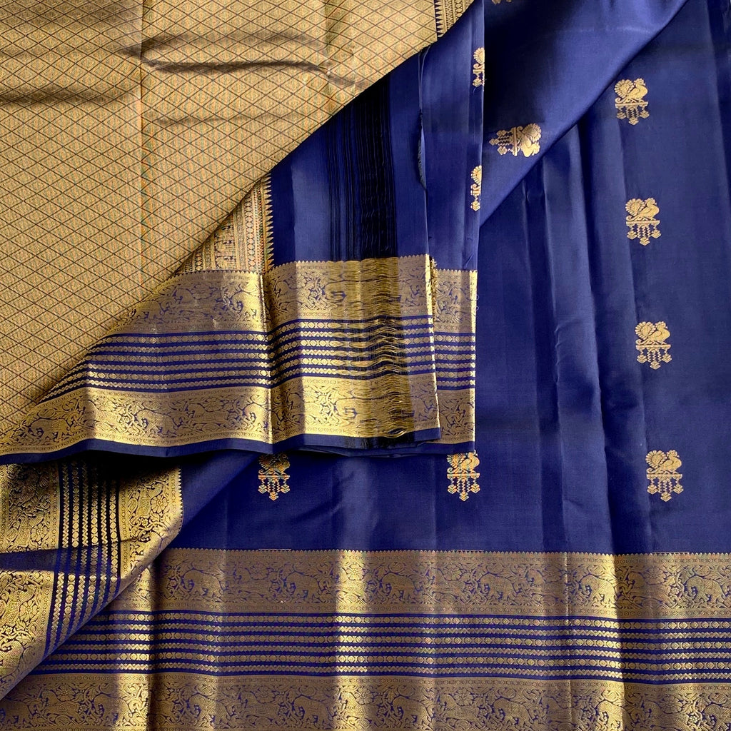 Midnight Navy Blue Designer Pure Silk Saree With Zari Gold Border And Pallu