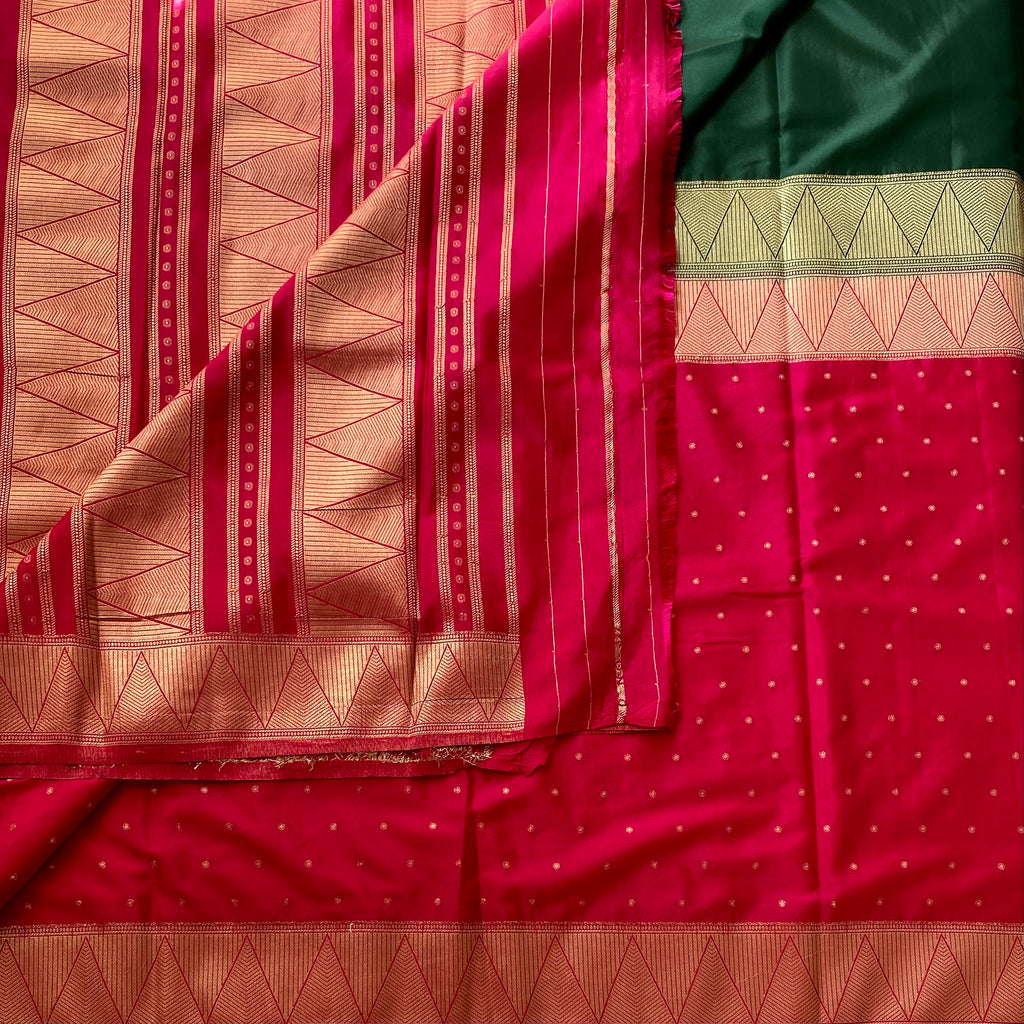 Half n half Bottle green with rani pink soft crepe silk