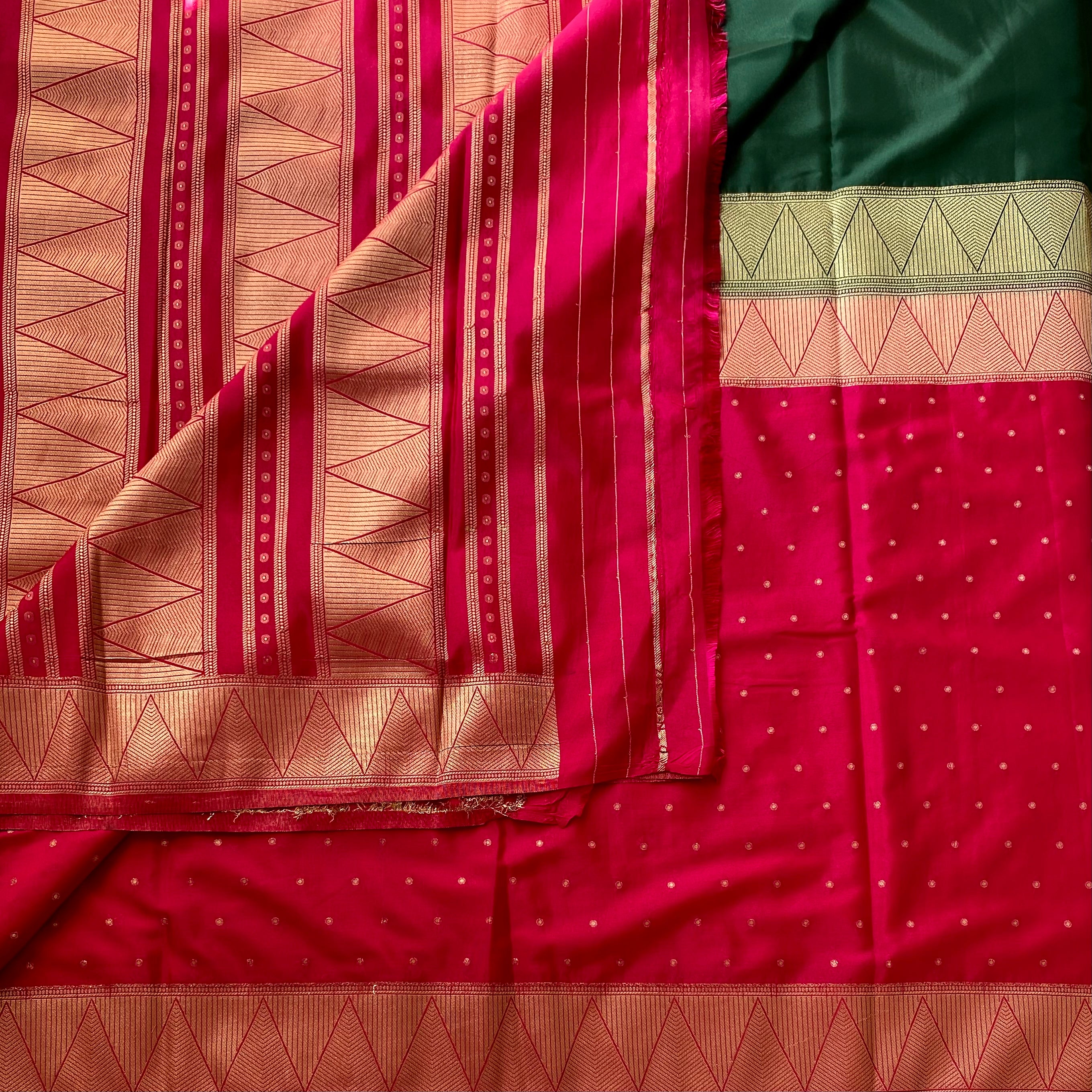 Half n half Bottle green with rani pink soft crepe silk