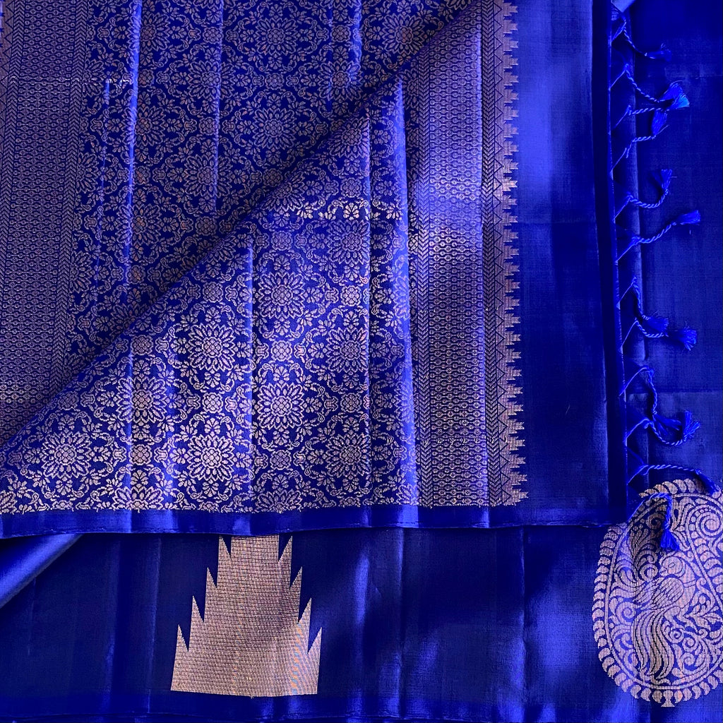Royal Blue Designer Pure Silk Saree With Metallic Gold Zari Floral Panel