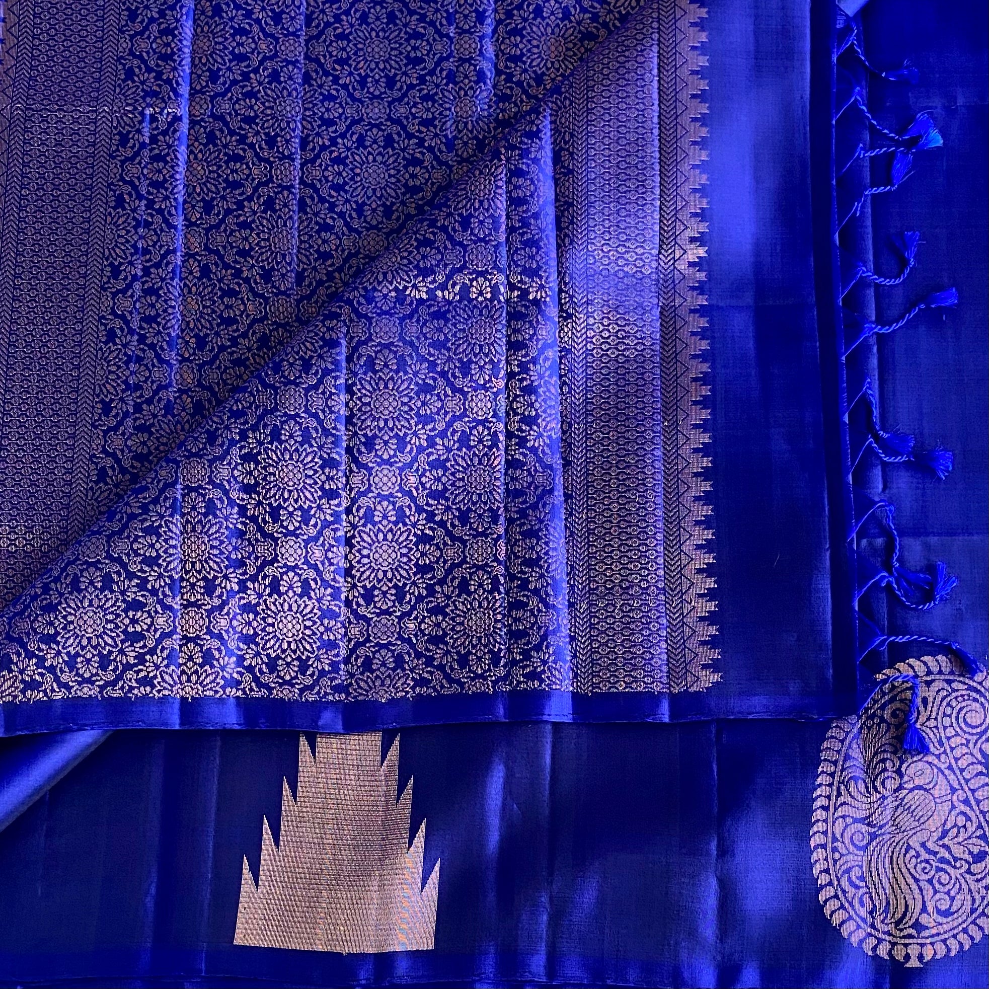 Royal Blue Designer Pure Silk Saree With Metallic Gold Zari Floral Panel
