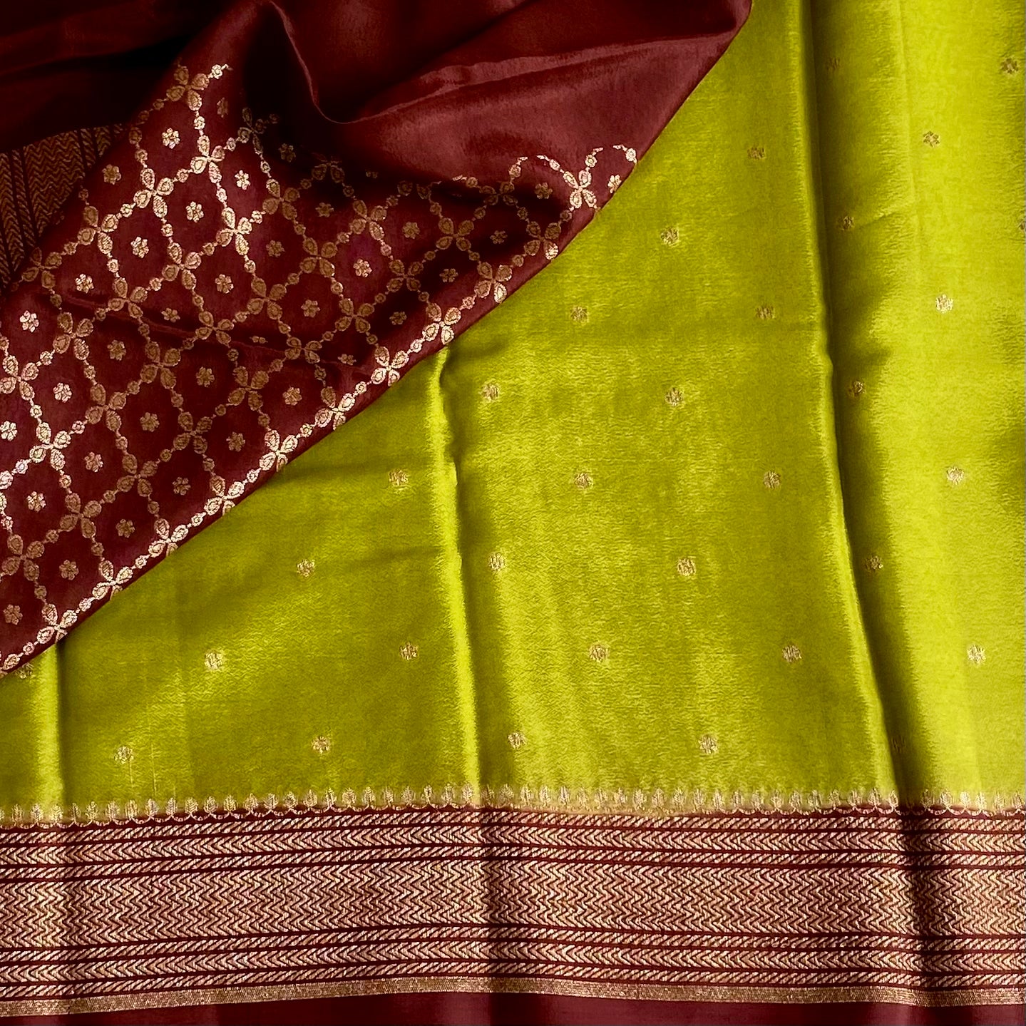 Lime Green Banarasi Crepe Silk Saree With Deep Maroon Pallu