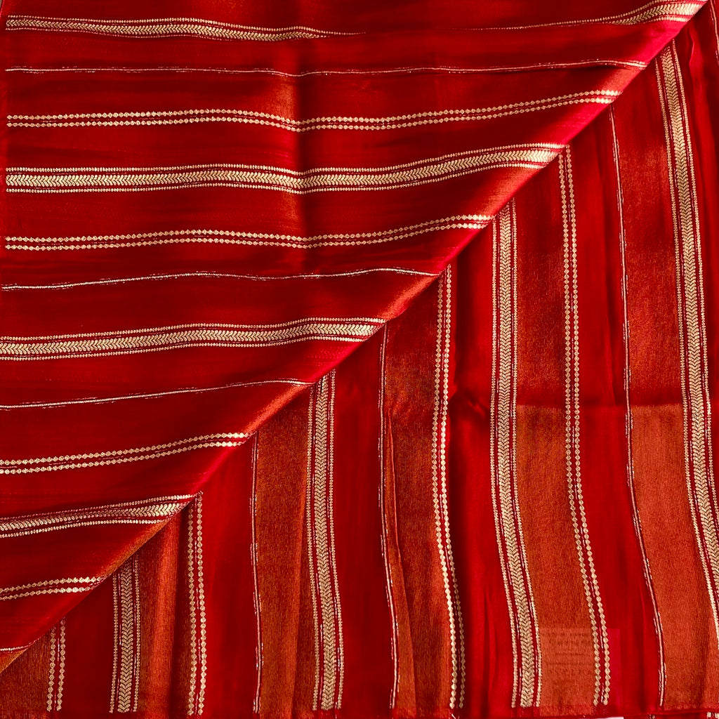 Crimson Red Gold Zari Striped Silk Saree Traditional Wedding Elegant
