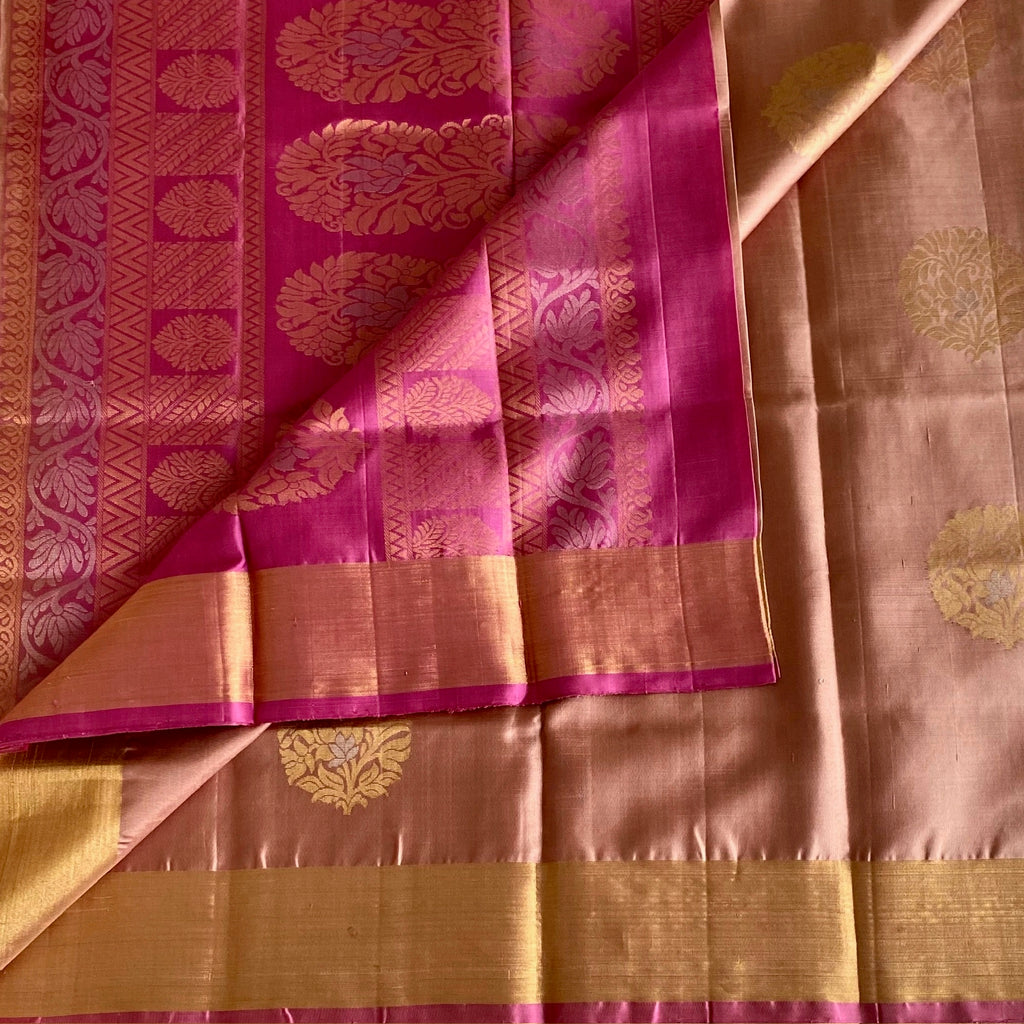 Dusty Rose Designer Pure Silk Saree With Rani Pink Pallu
