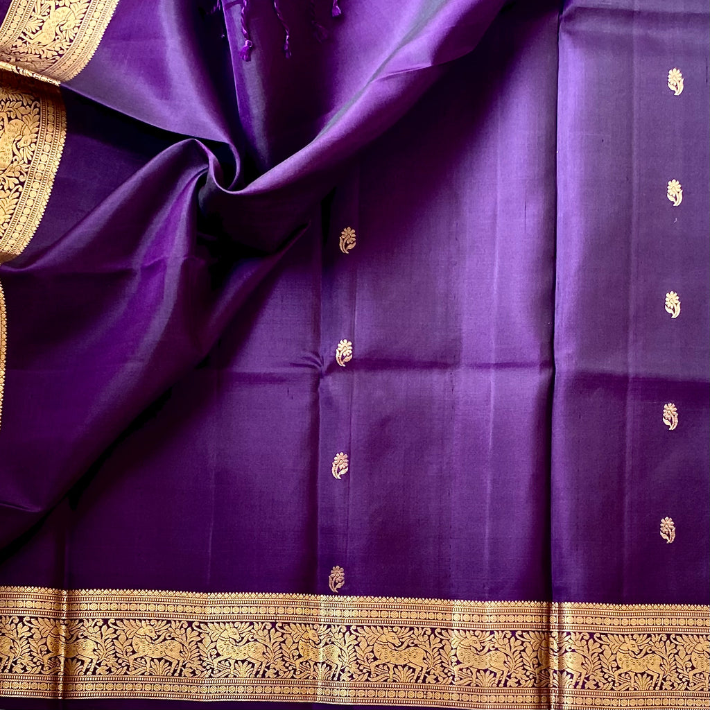 Royal Purple Saree Gold Woven Border Elephant Floral Pallu Silky