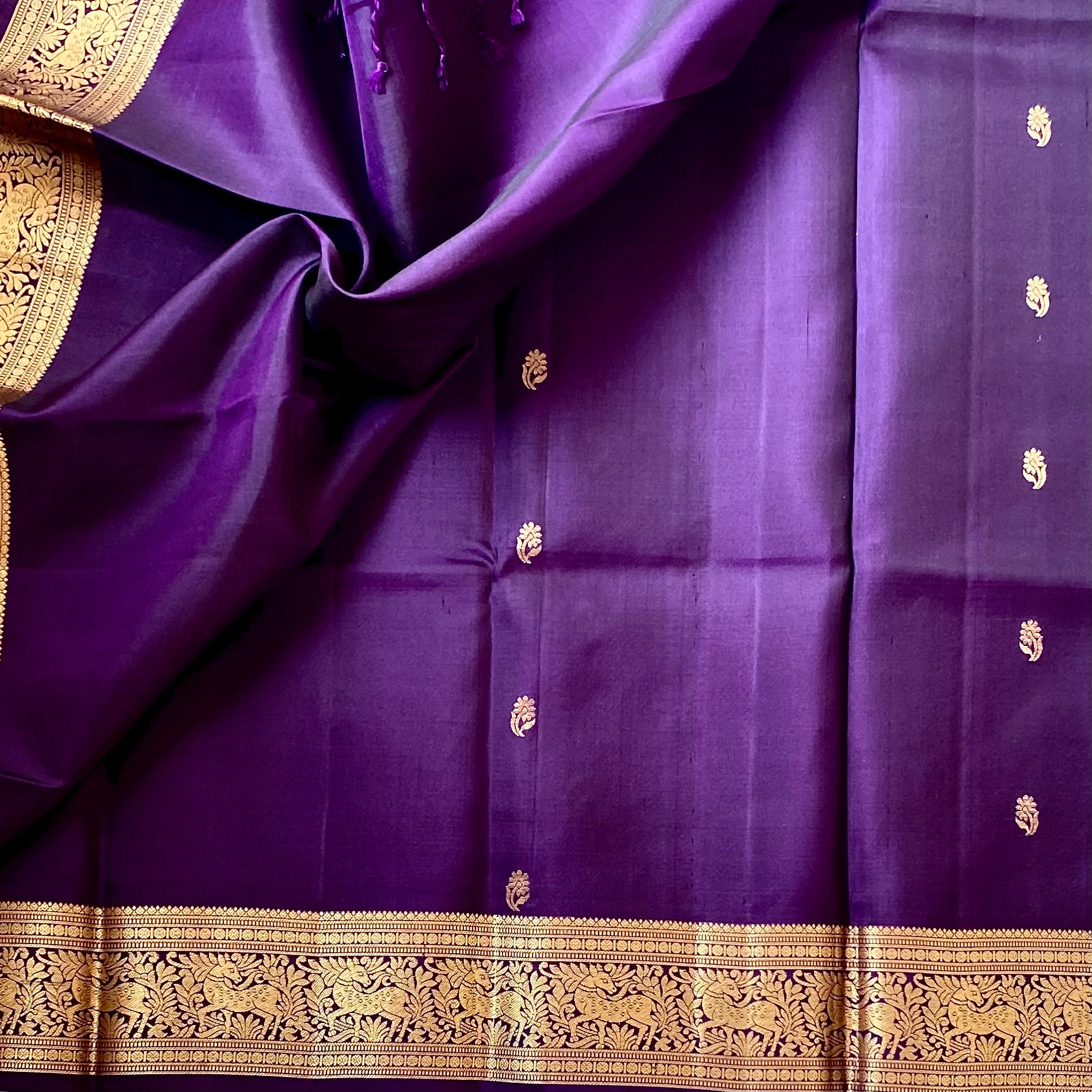 Royal Purple Saree Gold Woven Border Elephant Floral Pallu Silky