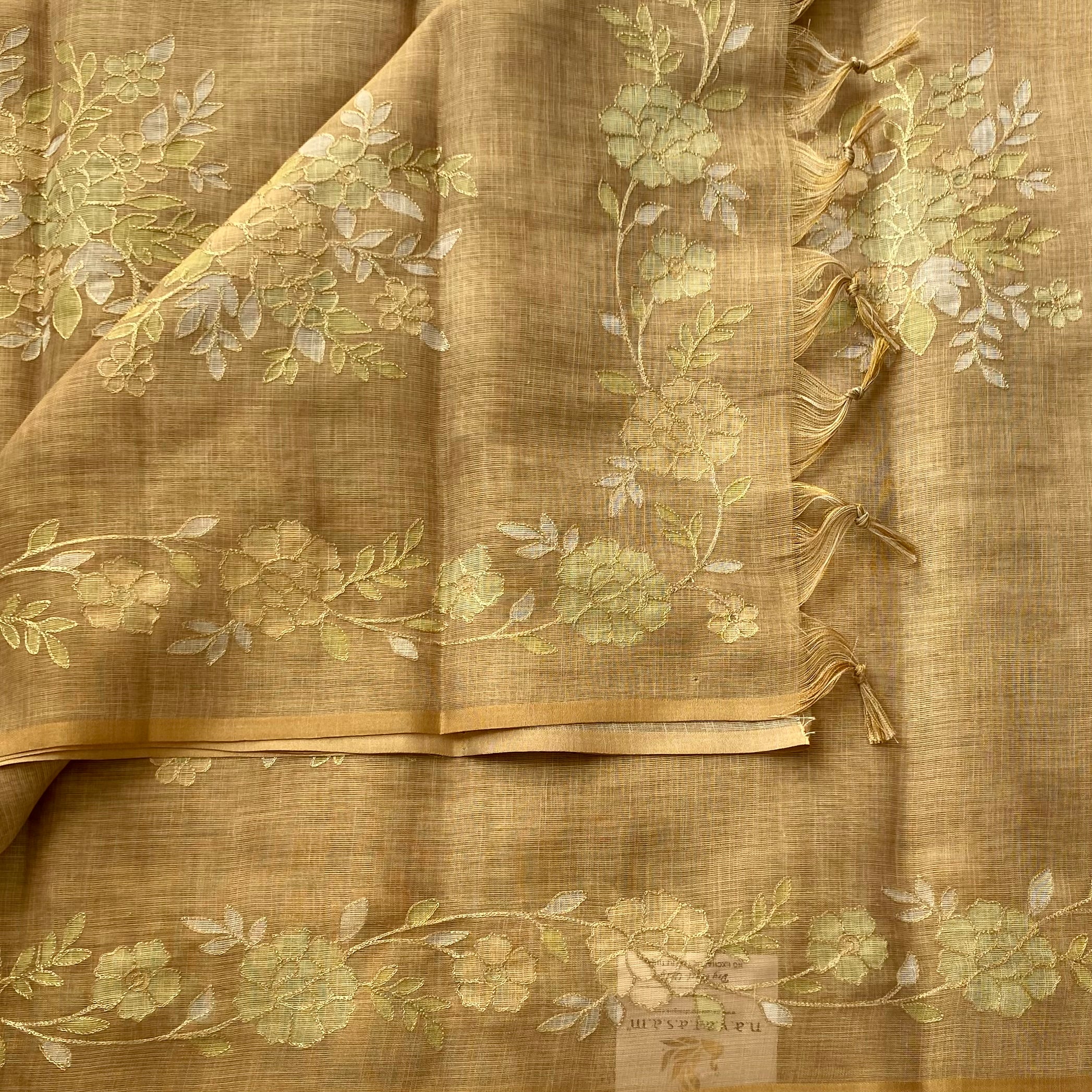 Amber Floral Embroidered Sheer Saree With Tassel Pallu For Traditional Events