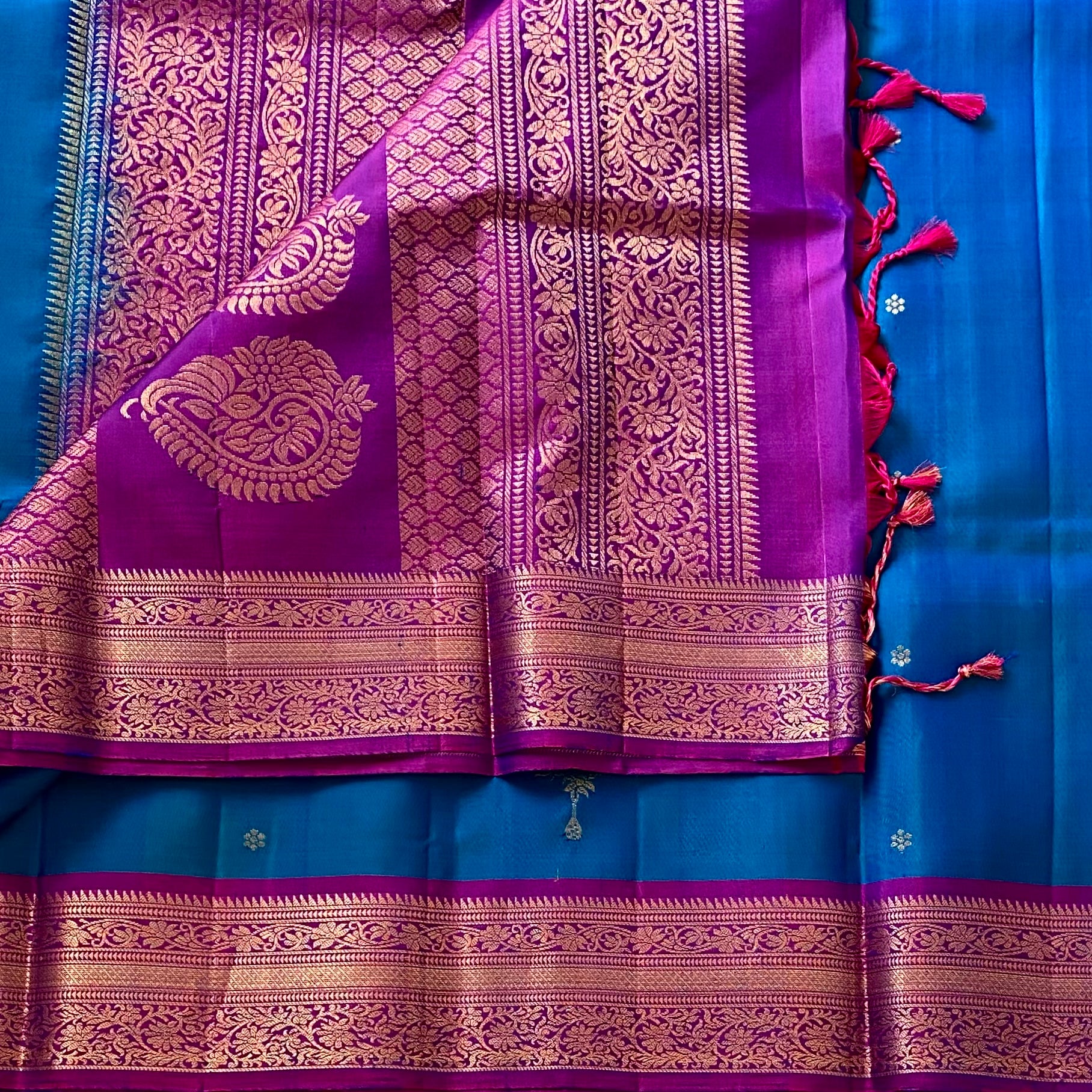 Rich Blue Designer Pure Silk Saree Royal Purple Zari Border