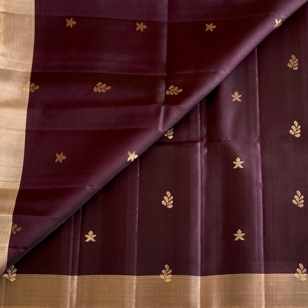 Deep Plum Designer Pure Silk Saree With Blush Peach Pallu