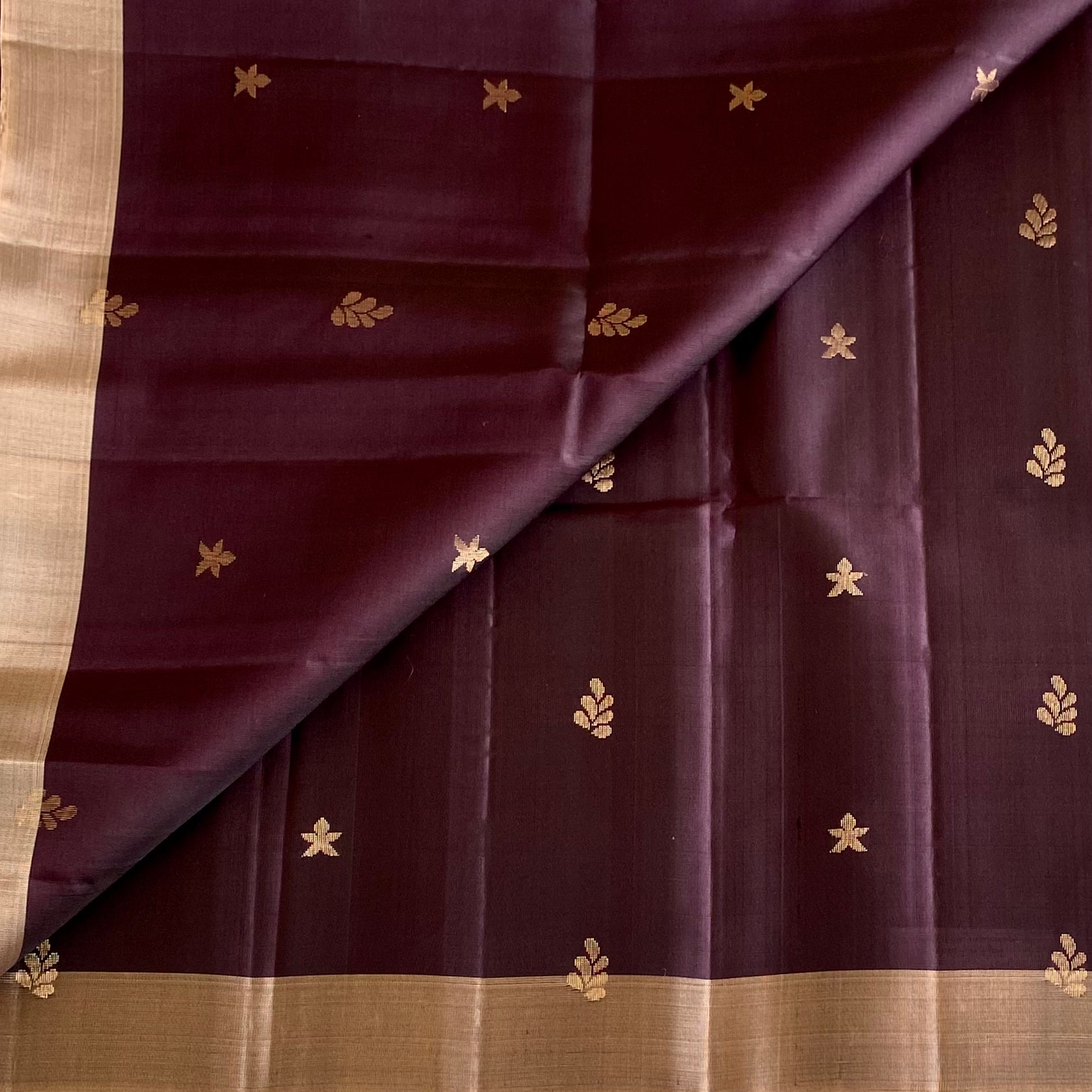 Deep Plum Designer Pure Silk Saree With Blush Peach Pallu