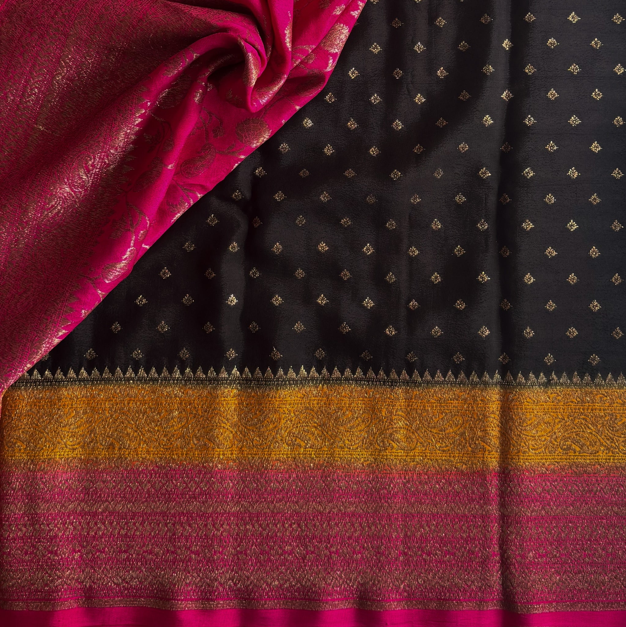 Black • Mustard • Pink soft Banarasi crepe silk with tiny buttas