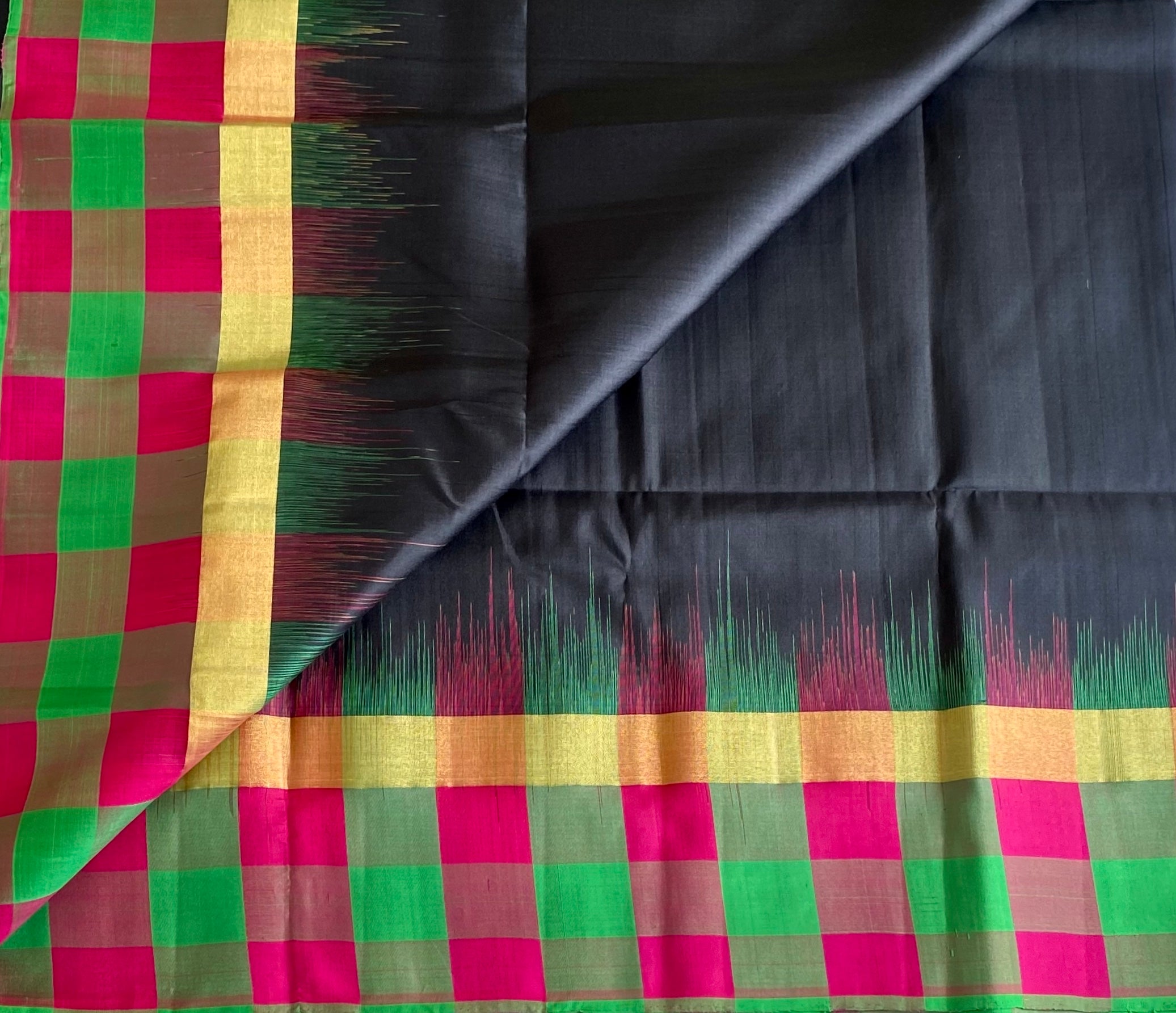 Jet Black Designer Pure Silk Saree With Rare Multicoloured borders