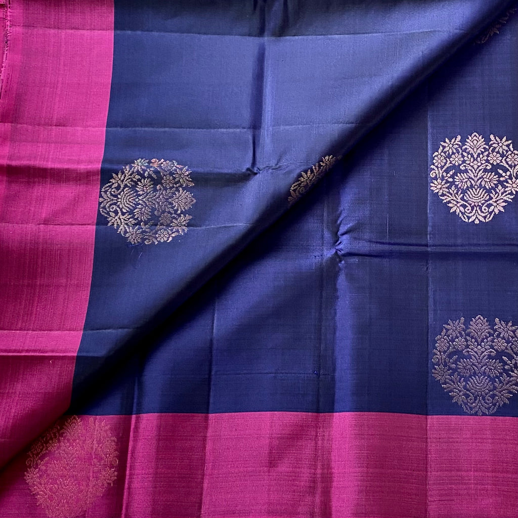 Magenta Navy Silk Saree Gold Zari Floral Pallu Traditional Wear