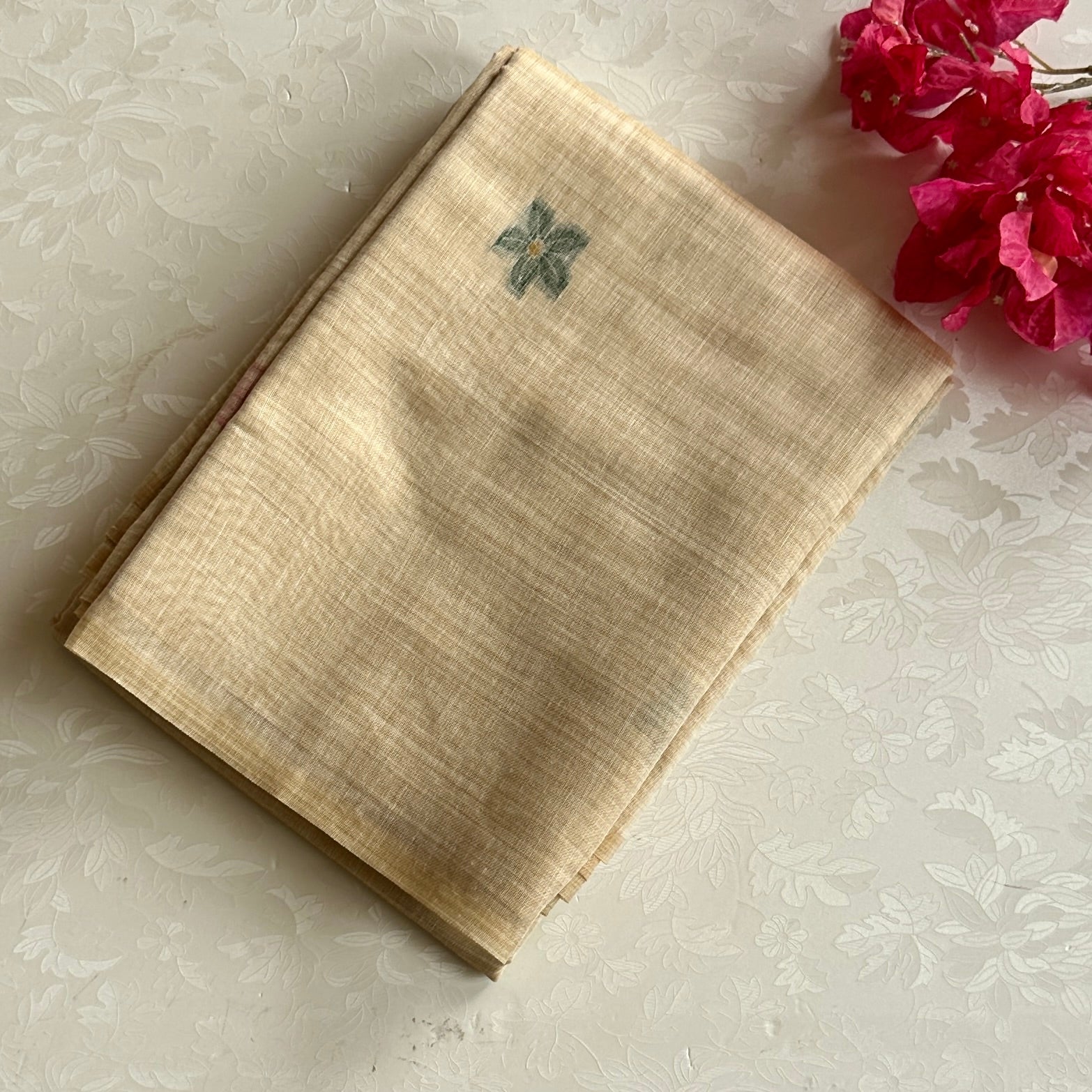 Oatmeal Beige Floral Pallu Saree With Gold Zari Tassels