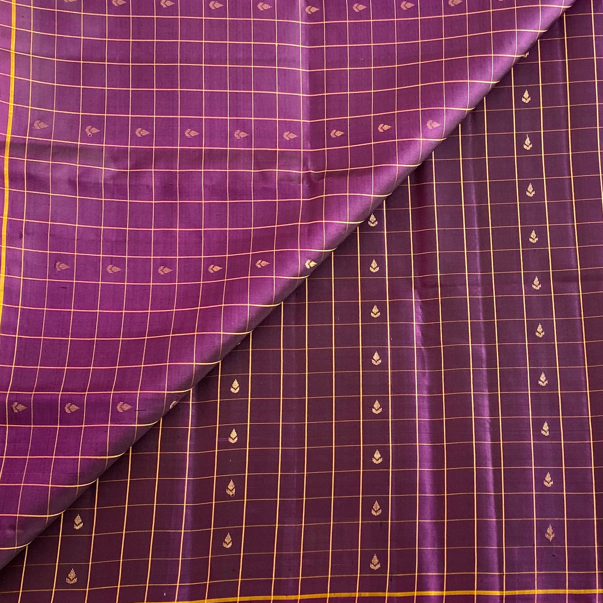 Deep Purple Checkered Designer Pure Silk Saree With Sunset Yellow Pallu