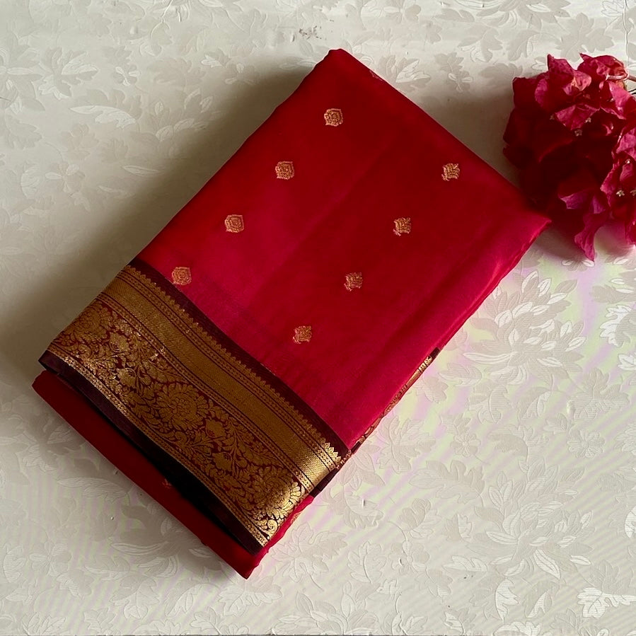 Tomato red with Wine Brown Designer Pure silk with Rich Borders