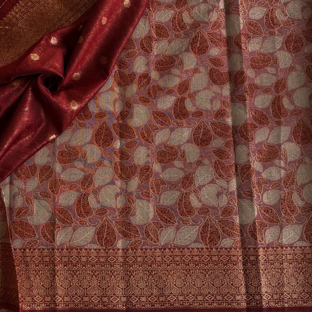 Burgundy Gold Leaf Motif Brocade Saree with Tassels Elegant Pallu