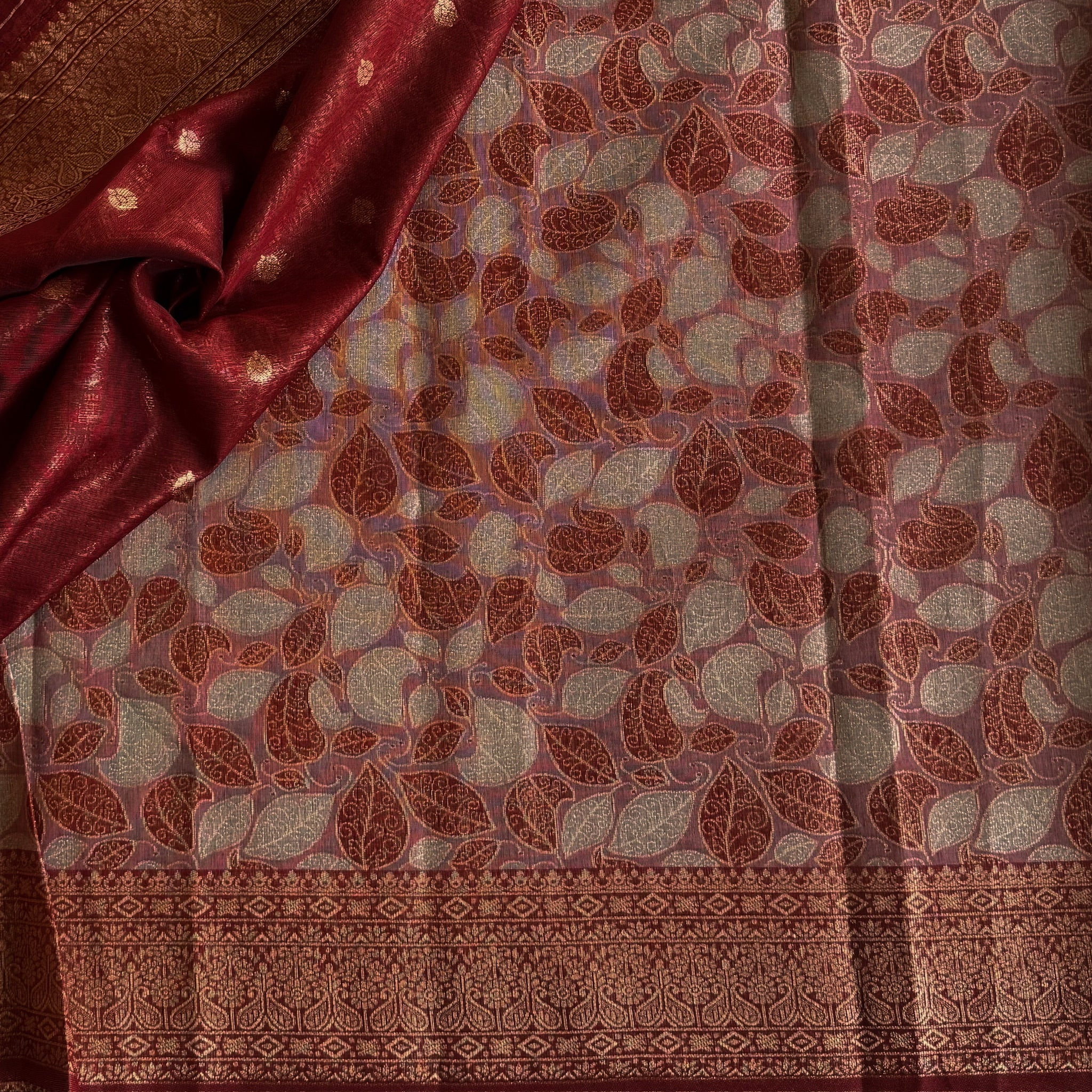 Burgundy Gold Leaf Motif Brocade Saree with Tassels Elegant Pallu