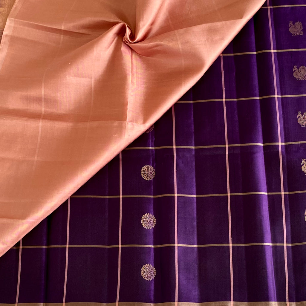 Deep Purple And Peach Pink Designer Pure Silk Saree With Gold Buttas