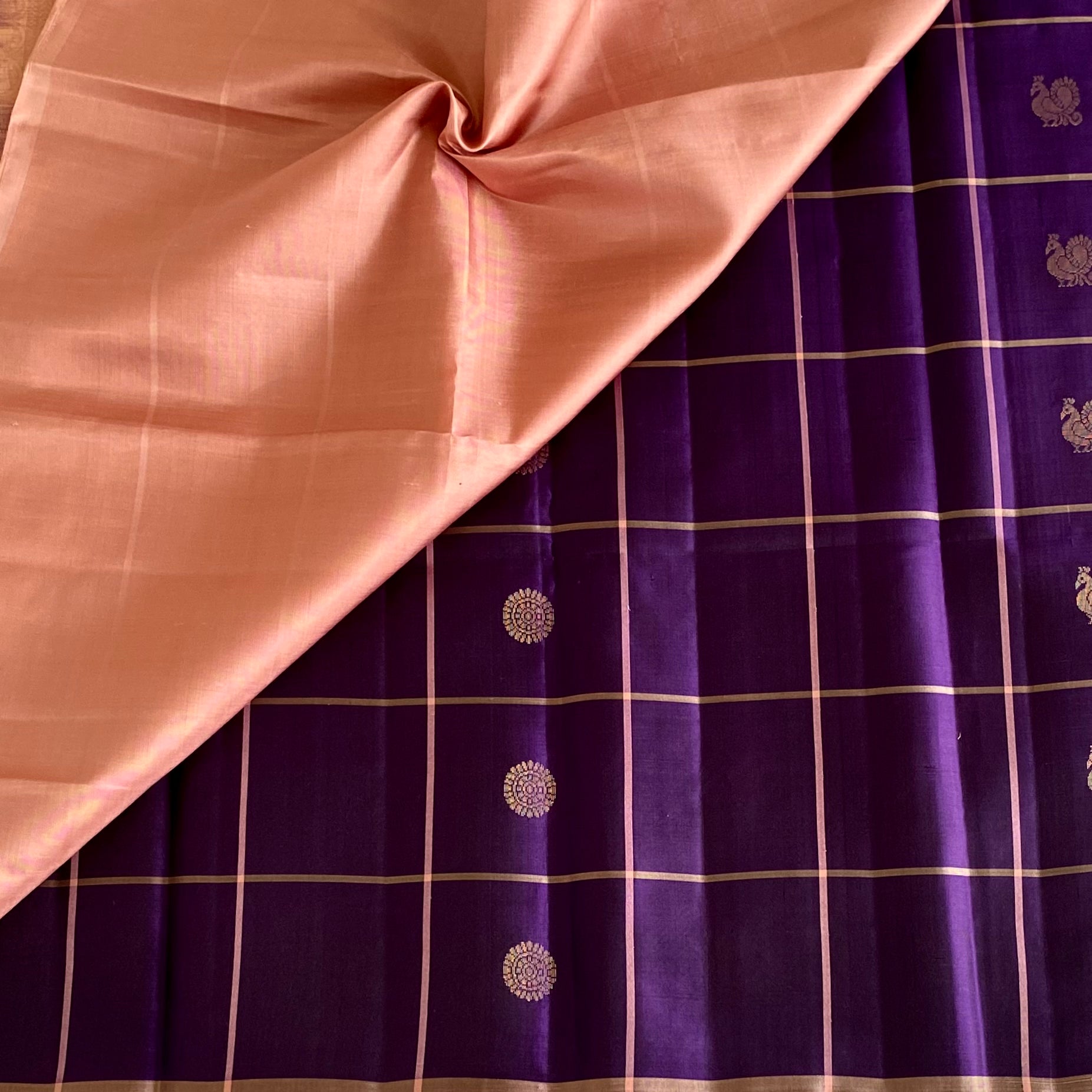 Deep Purple And Peach Pink Designer Pure Silk Saree With Gold Buttas
