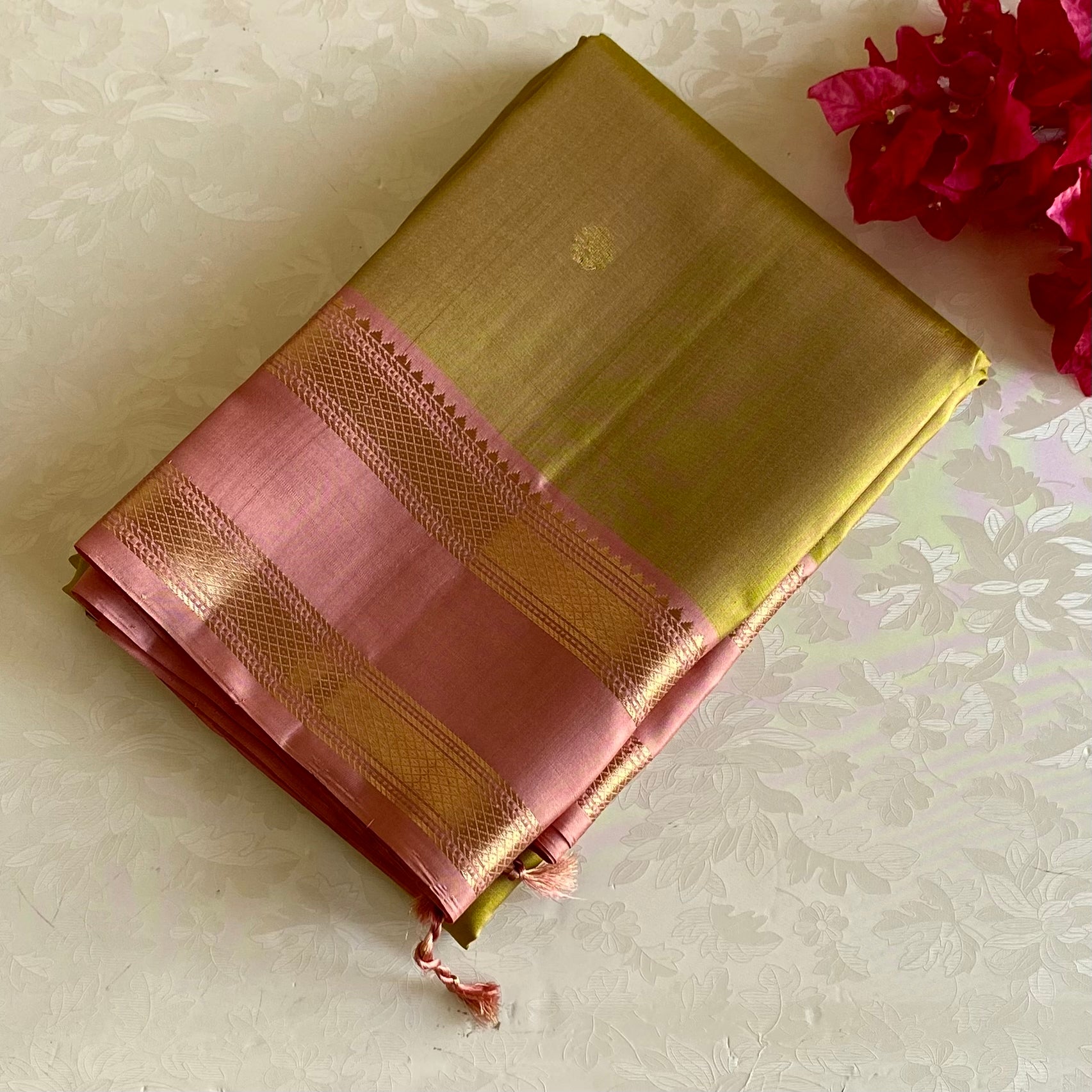 Light  Olive Green Designer Pure Silk Saree With Dusty Rose Pallu