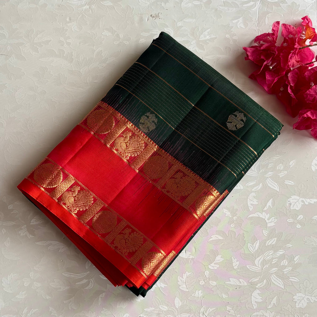 Deep Bottle Green Designer Pure Silk Saree With Kanakambari Contrast