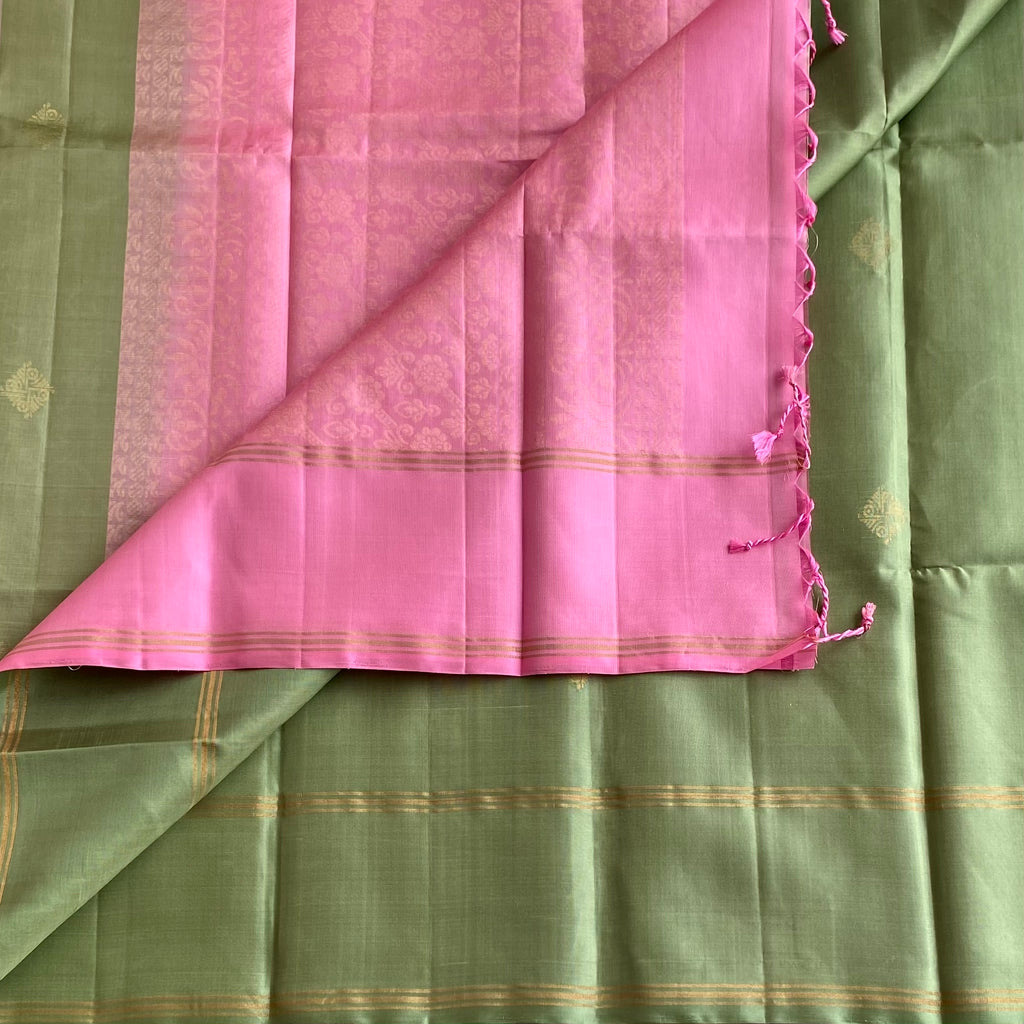 Sage Green Designer Pure Silk Saree With Rose Pink Pallu