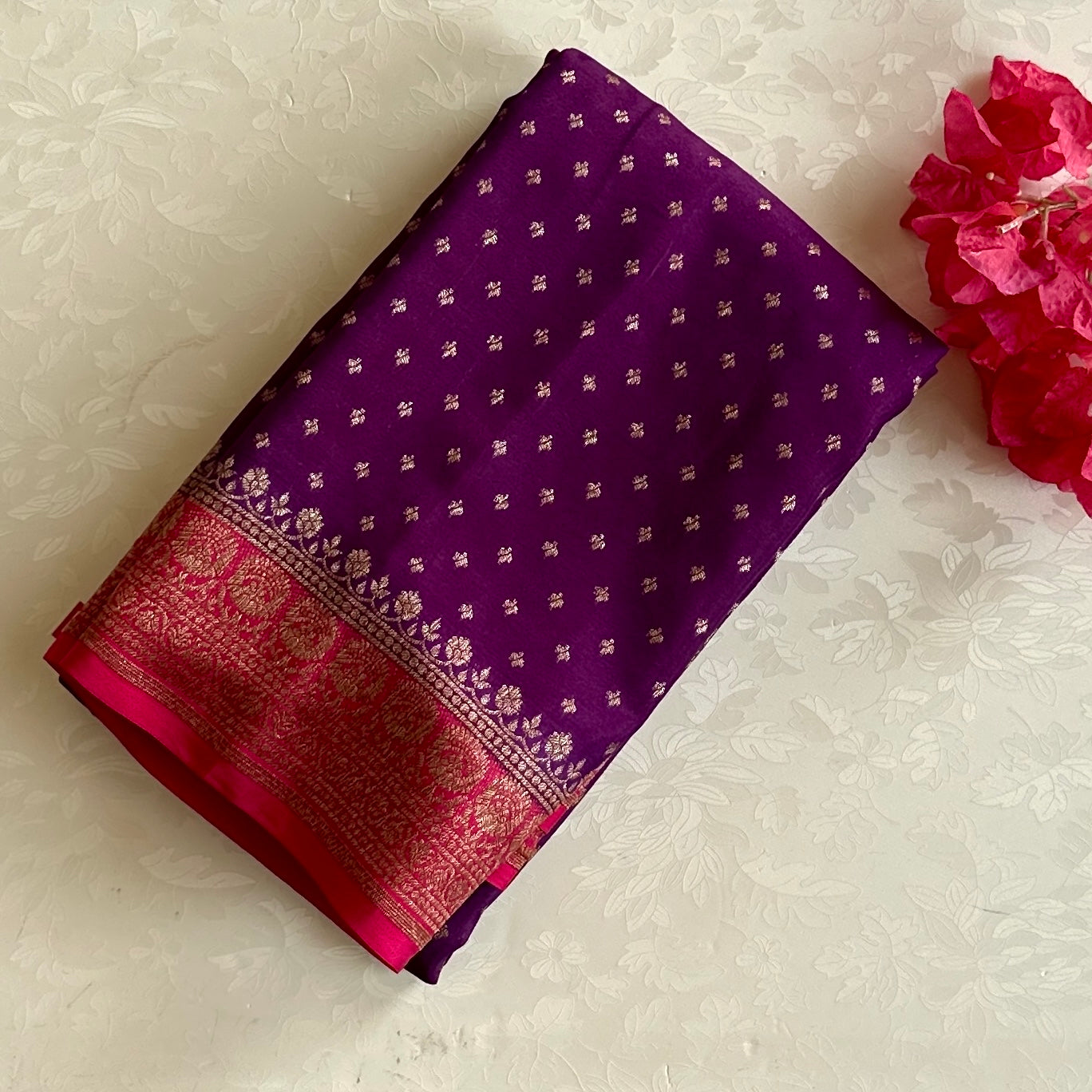 Traditional Purple Magenta Saree Gold Brocade Contrast Border Festive Wear