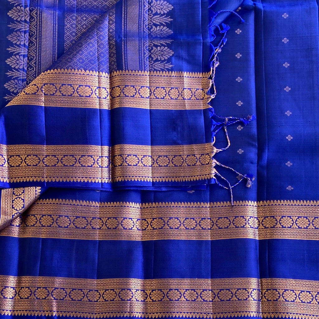 Royal Blue Designer Pure Silk Saree With Antique Gold Pallu