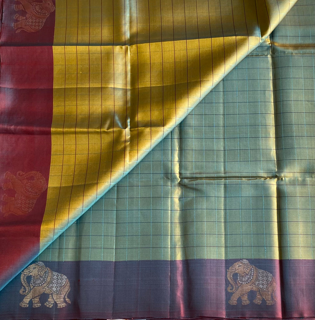 Rare Beauty Dual Shaded Teal Purple Pire Silk Saree with Elephant Border Checked borders