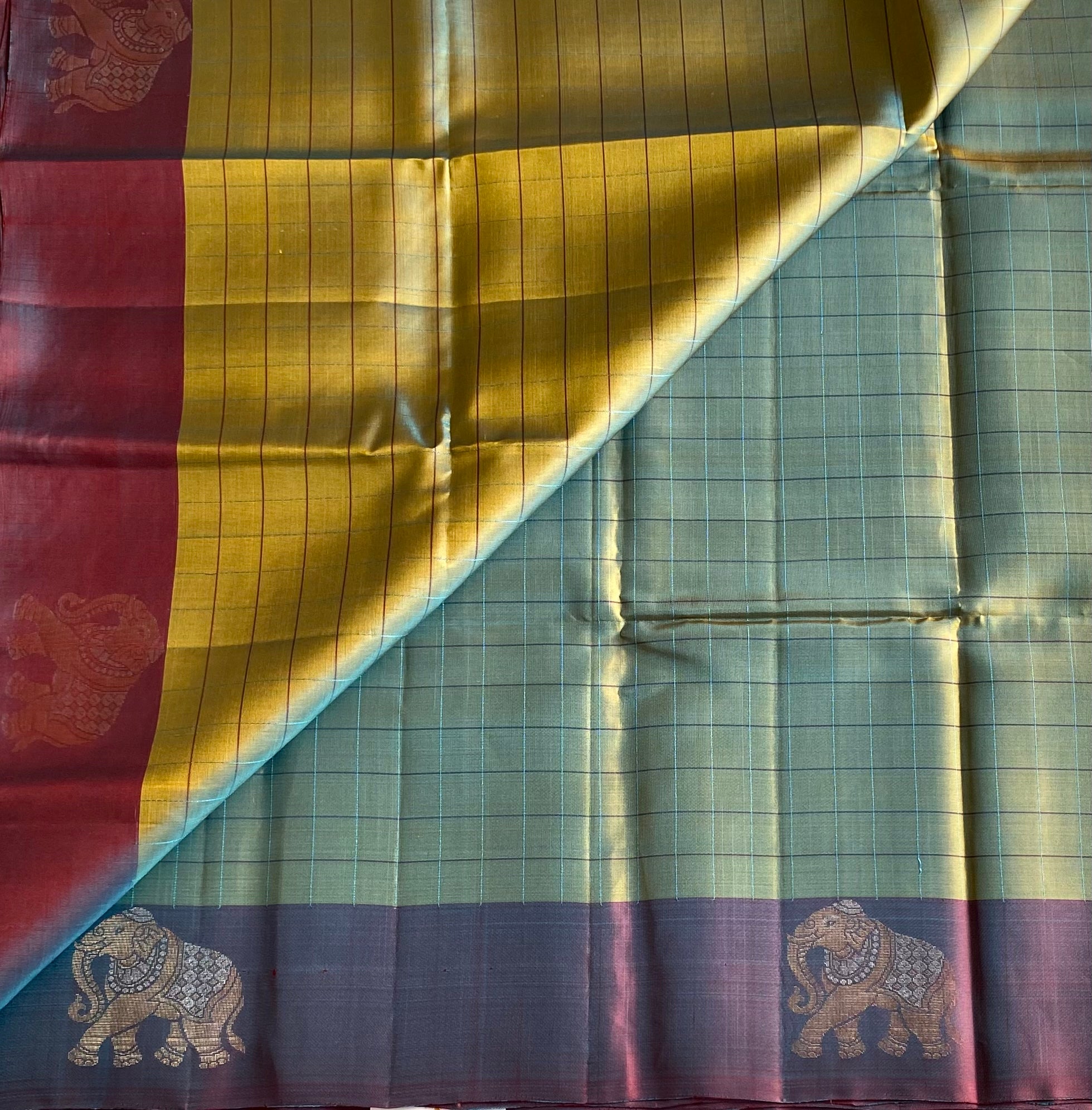 Rare Beauty Dual Shaded Teal Purple Pire Silk Saree with Elephant Border Checked borders