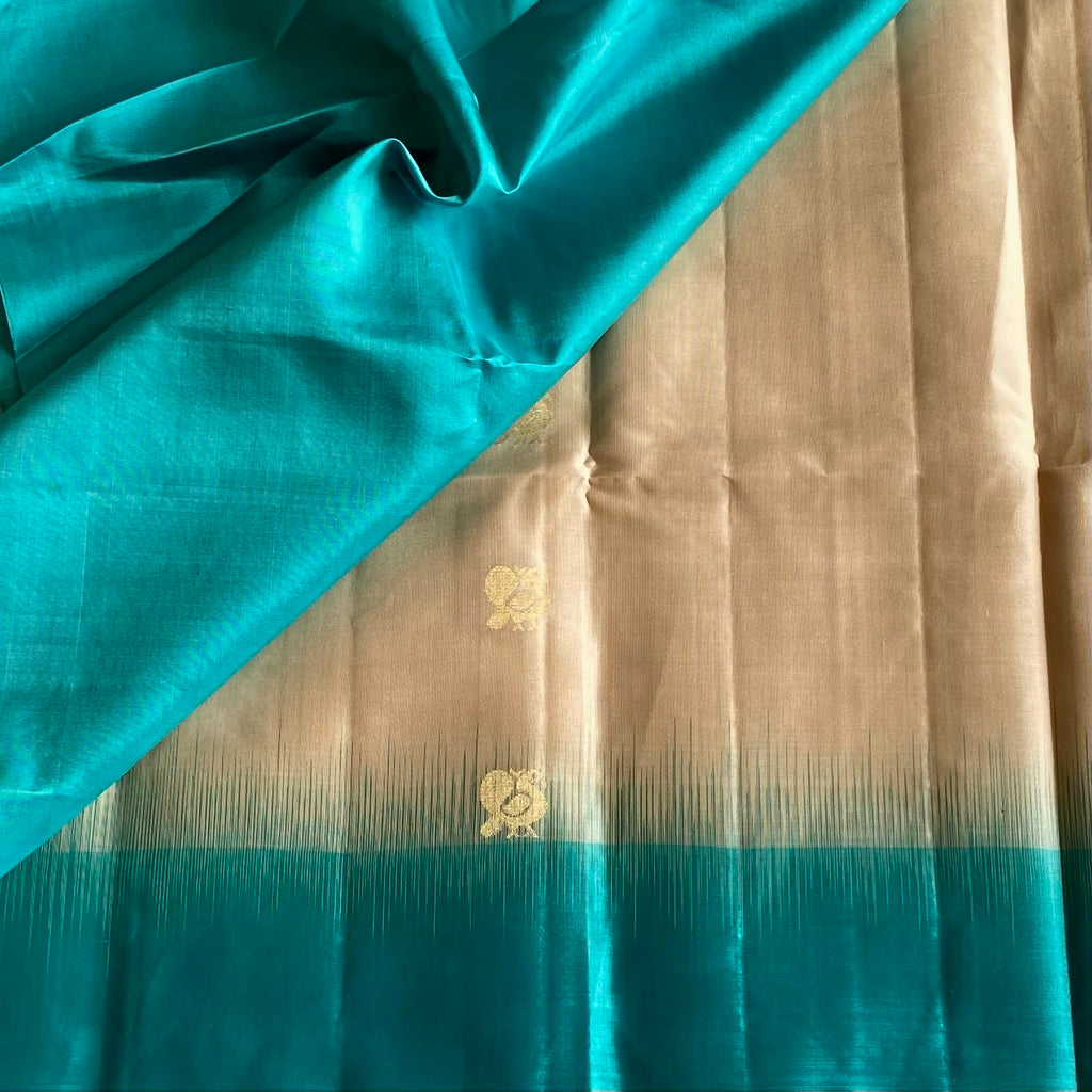 Pearl Beige Designer Pure Silk Saree With Rich Turquoise Blue