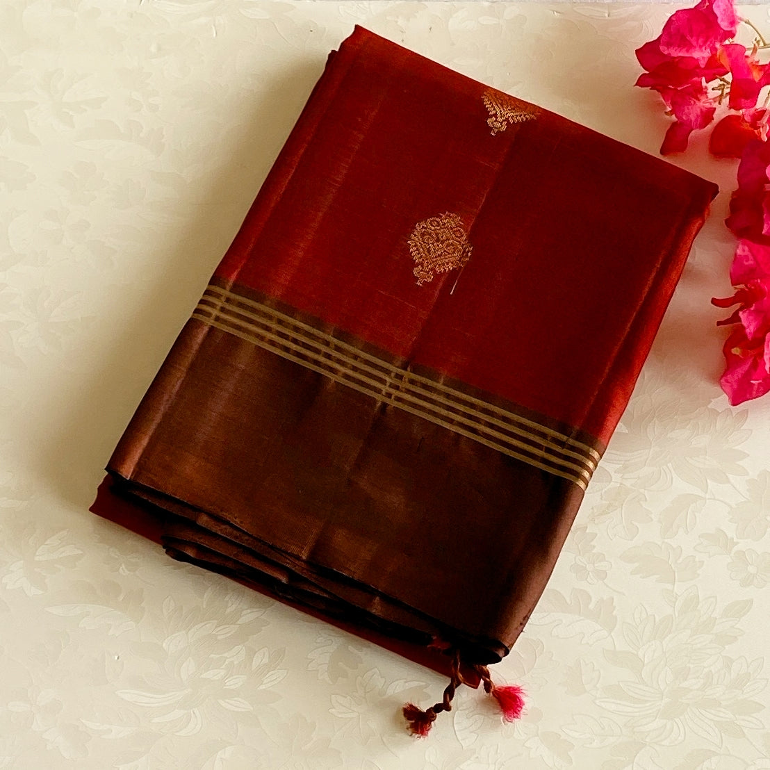 Oxblood Silk Saree Bronze Pallu Gold Zari Geometric Weave Traditional