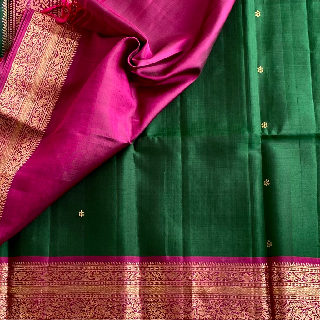 Emerald Green Designer Pure Silk Saree With Rani Pink Pallu Gold Zari