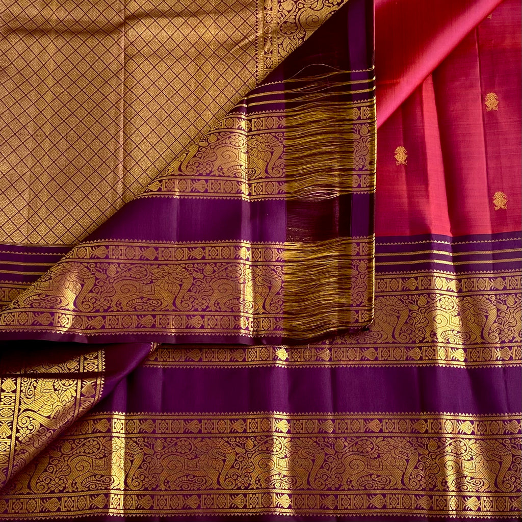 Dual Shaded Rust Pink With Elegant Purple Pure Zari Kanjeevaram Masterweave