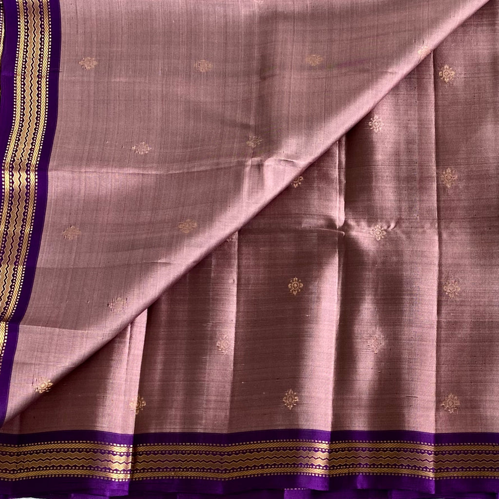 Dusty Mauve Designer Pure Silk Saree With Royal Purple Pallu